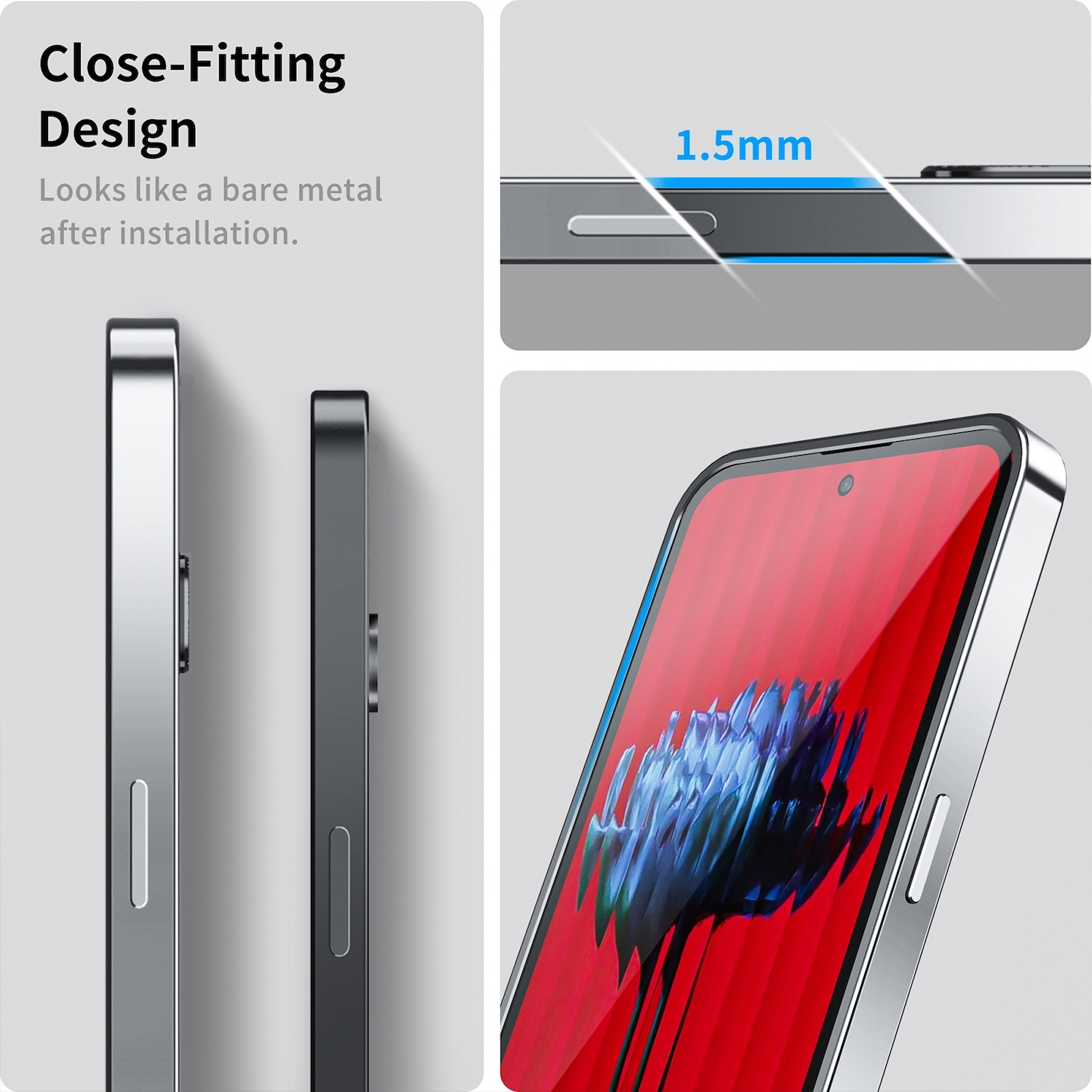 Handyhülle Details. Eng anliegendes Design gezeigt. Telefon im Case mit rotem Hintergrund.