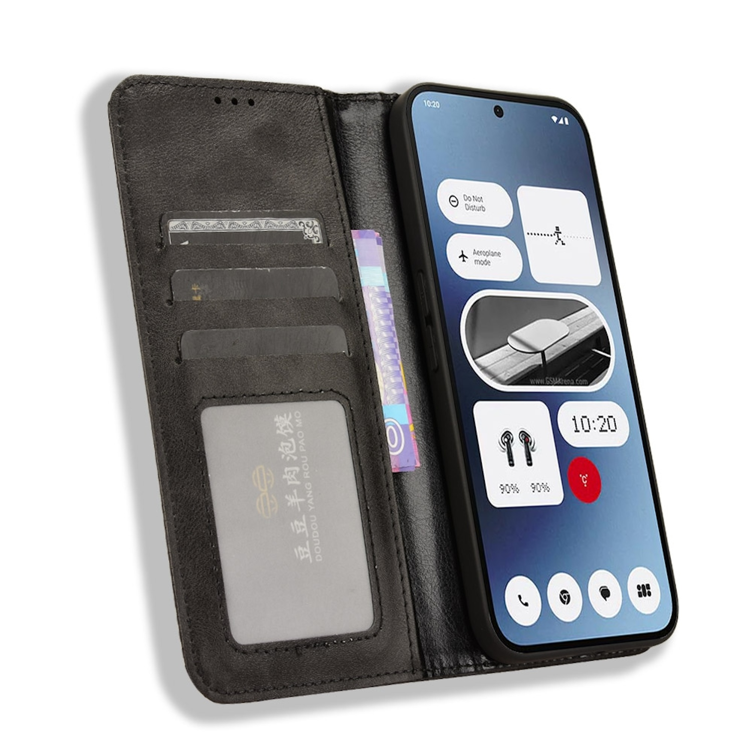 Schwarzes Telefon in einem Wallet-Case. Der Telefonbildschirm zeigt die Oberfläche.
