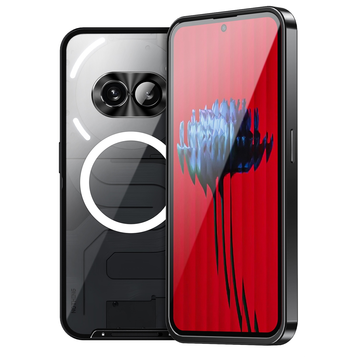 Ein Smartphone in einer transparenten Hülle. Das Telefon hat einen roten Bildschirm und einen schwarzen Rahmen.