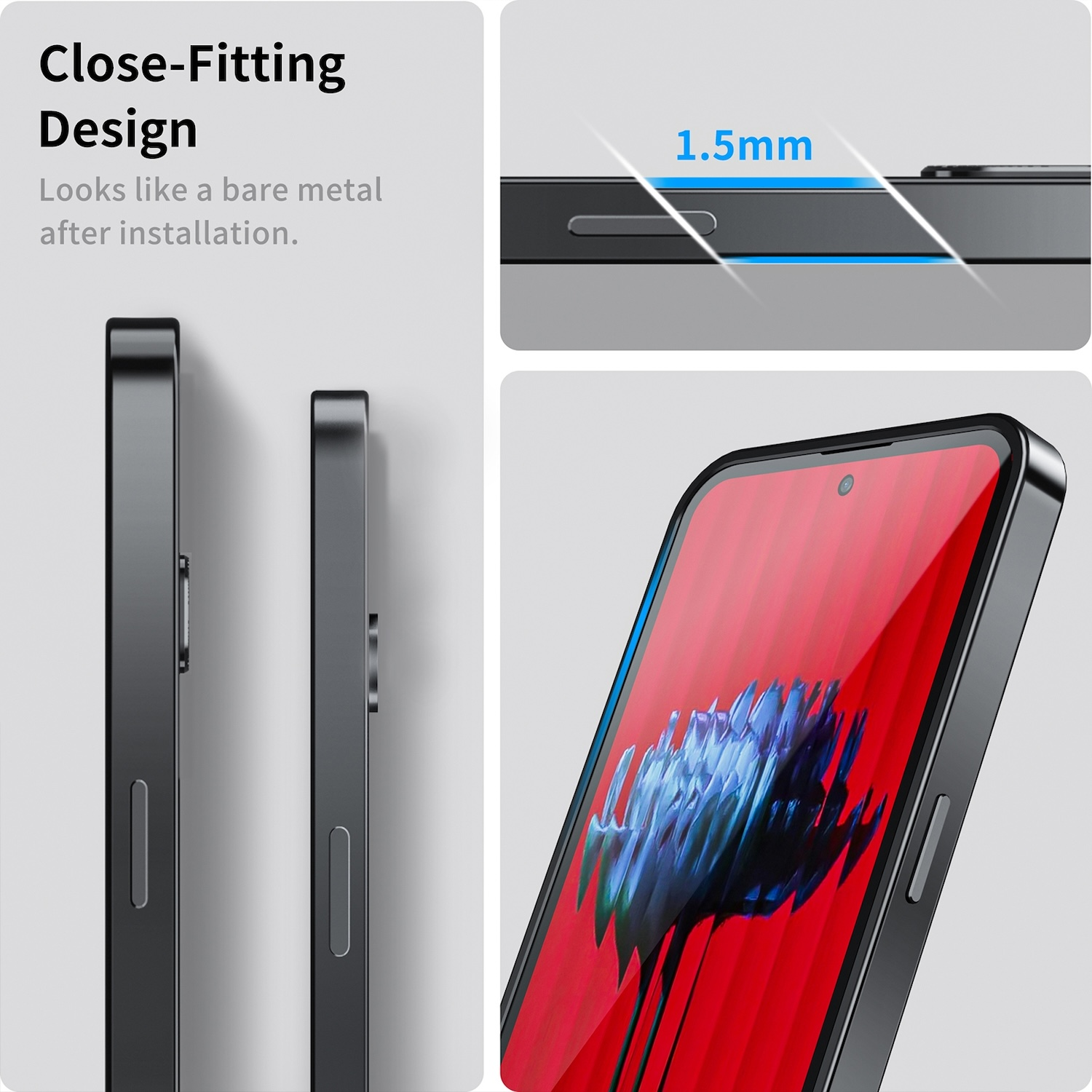 Handyhülle mit eng anliegendem Design. Seitenansichten und eine Ansicht eines Telefons im Inneren der Hülle werden gezeigt.