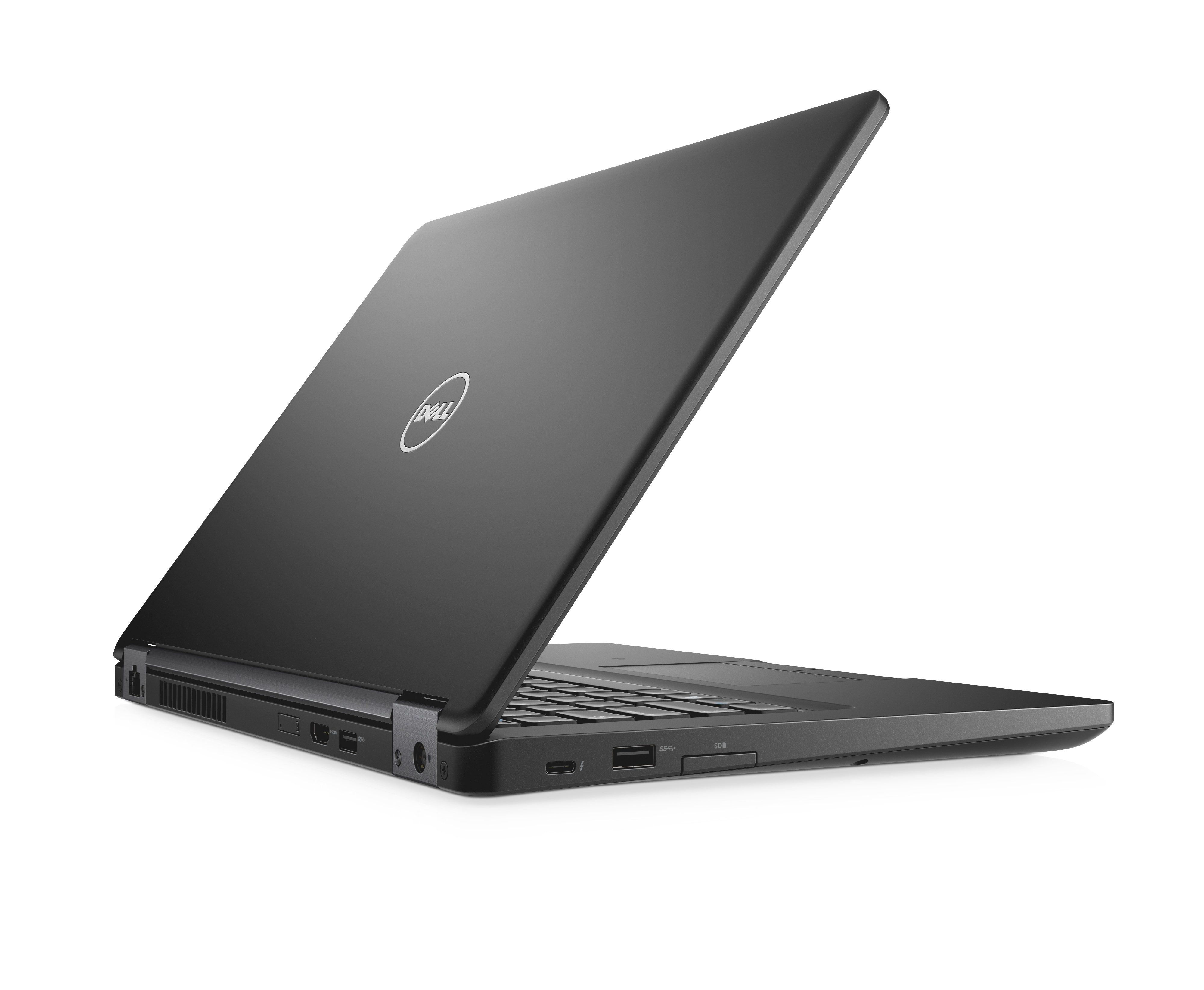 Schwarzer Laptop mit geöffnetem Deckel, nach rechts abgewinkelt, zeigt Tastatur und Dell-Logo.