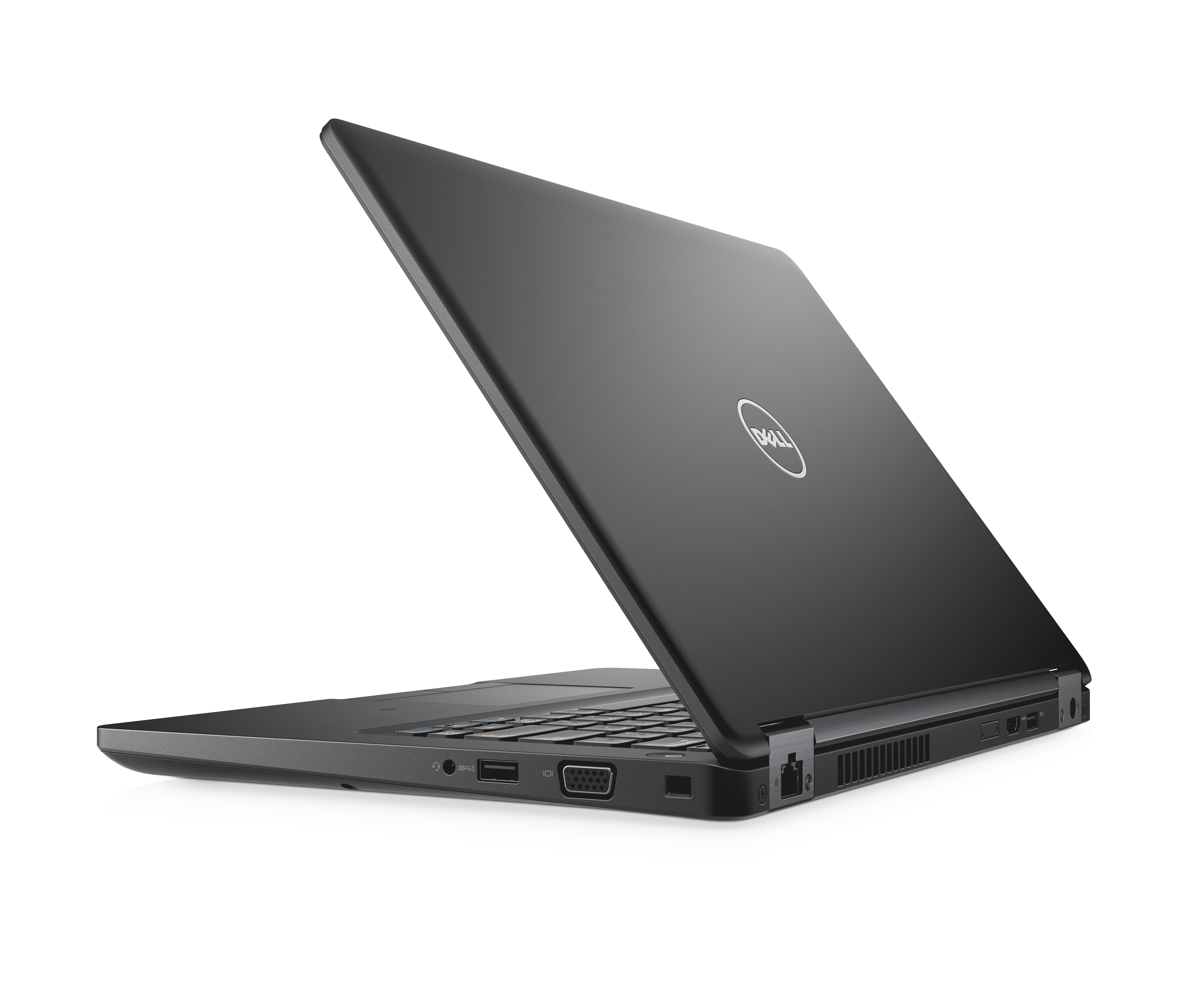 Ein schwarzer Laptop mit geöffnetem Bildschirm. Der Laptop befindet sich auf weißem Hintergrund.