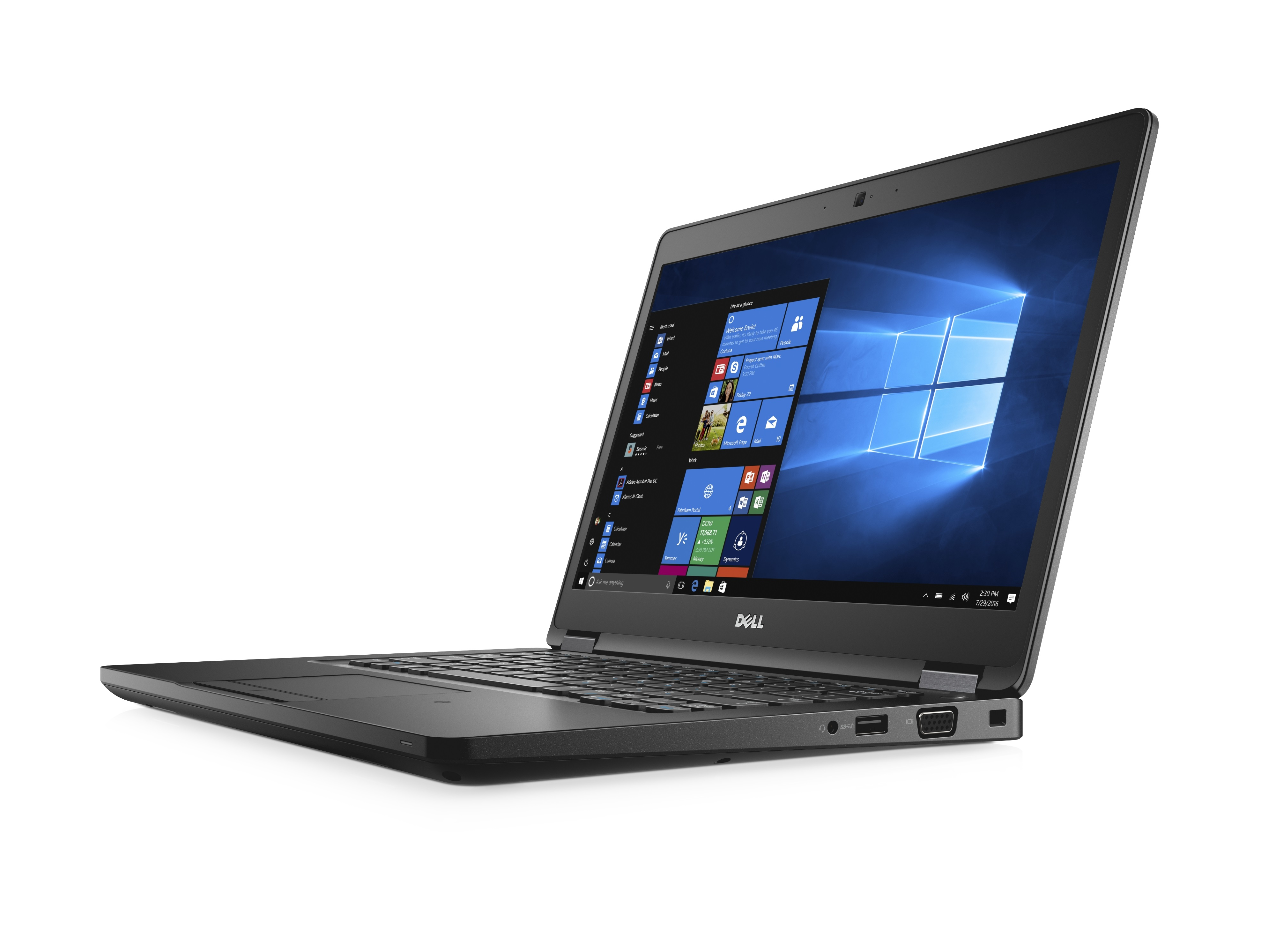 Schwarzer Laptop mit Windows-Desktop. Der Laptop ist geöffnet. Weißer Hintergrund. Winkelansicht.
