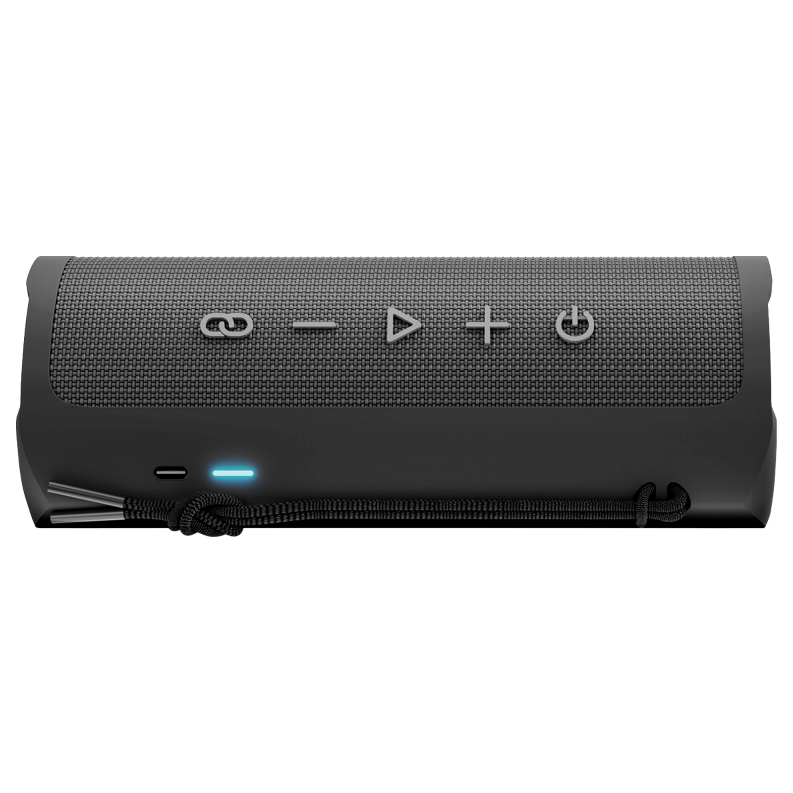 Czarny, cylindryczny głośnik z przyciskami i niebieskim światłem na białym tle.