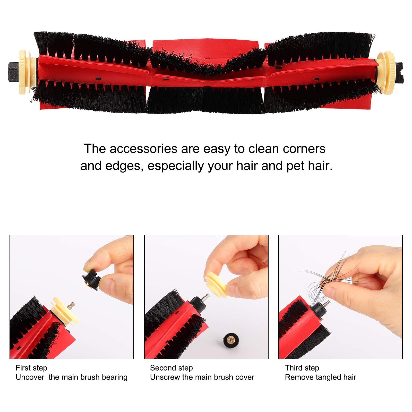 Części szczotki do odkurzacza i instrukcje dotyczące usuwania włosów ze szczotki. Białe tło.