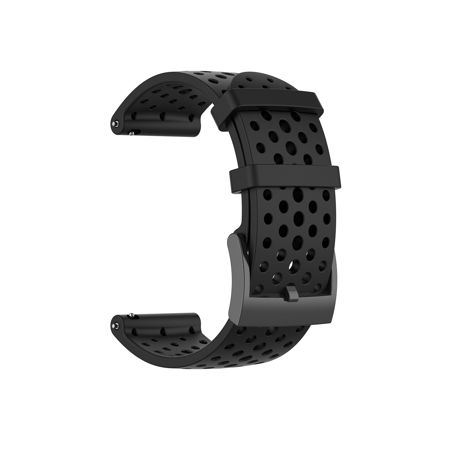 Ein schwarzes Uhrenarmband mit zahlreichen Löchern und einer schwarzen Schnalle. Auf weißem Hintergrund.