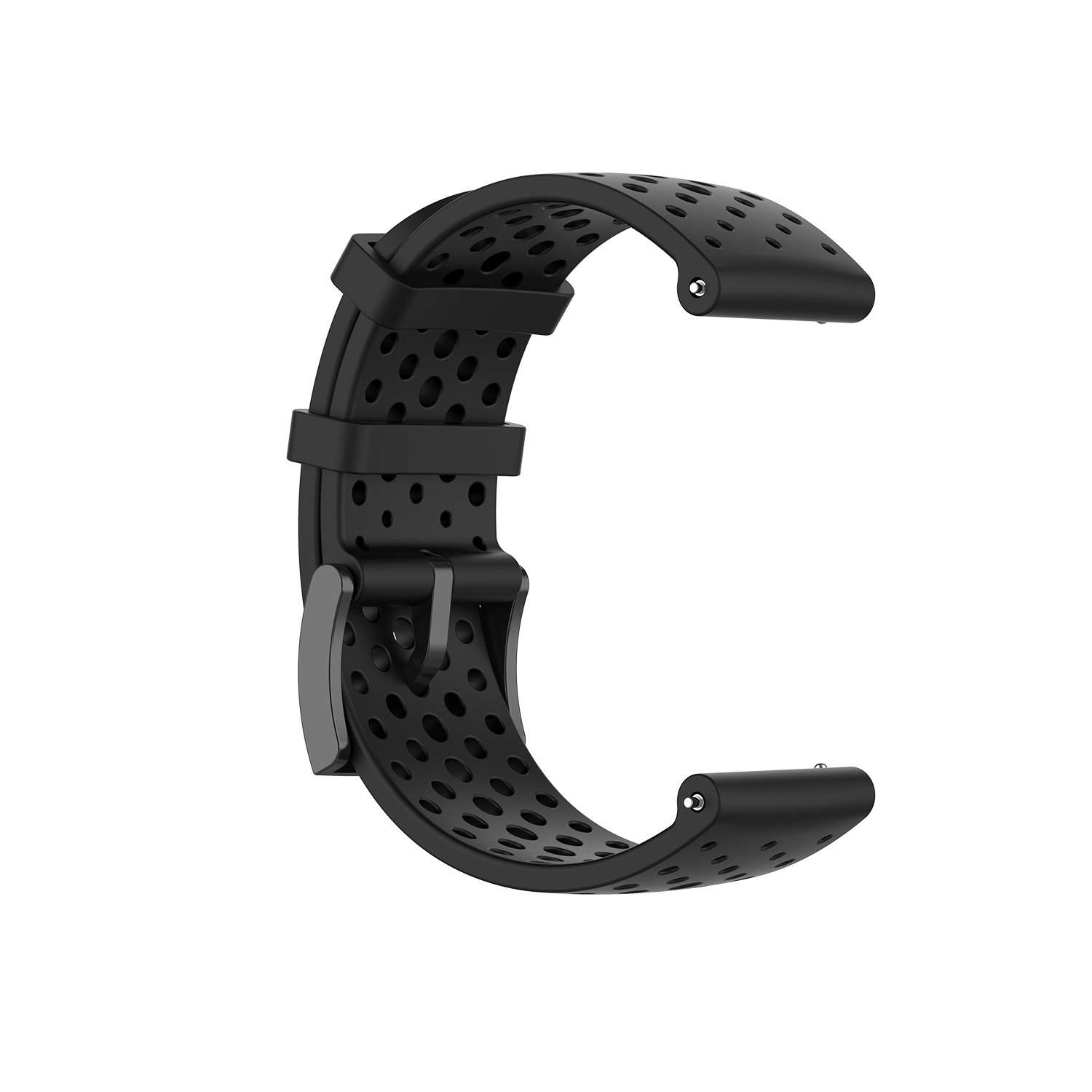 Schwarzes Smartwatch-Armband mit kleinen Löchern und einem Metallverschluss.