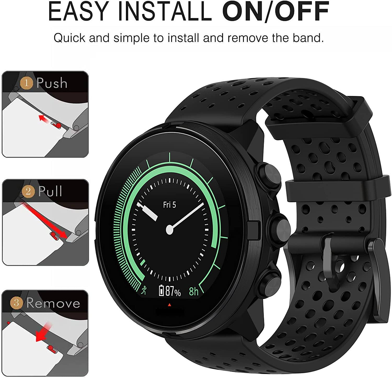 Eine Smartwatch mit schwarzem Armband, mit Anweisungen zur einfachen Installation.