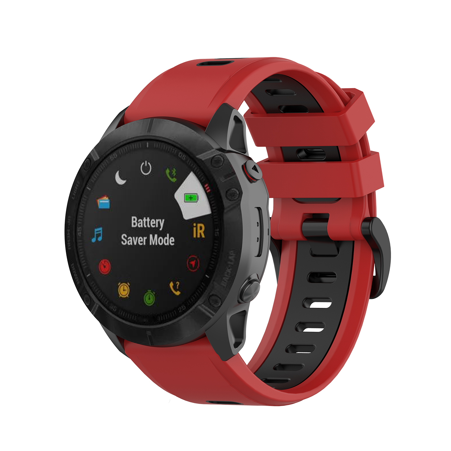 Smartwatch mit rotem Armband, das eine Benutzeroberfläche im Energiesparmodus anzeigt.