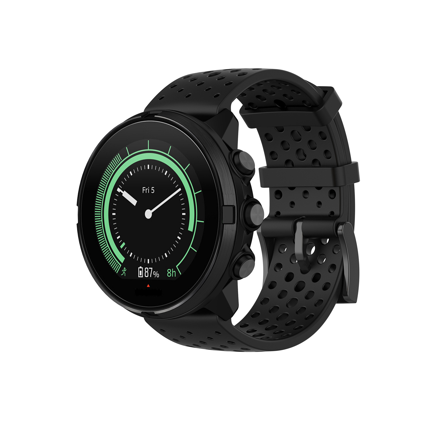 Schwarze Smartwatch mit grünem Display und schwarzem Armband. Weißer Hintergrund.