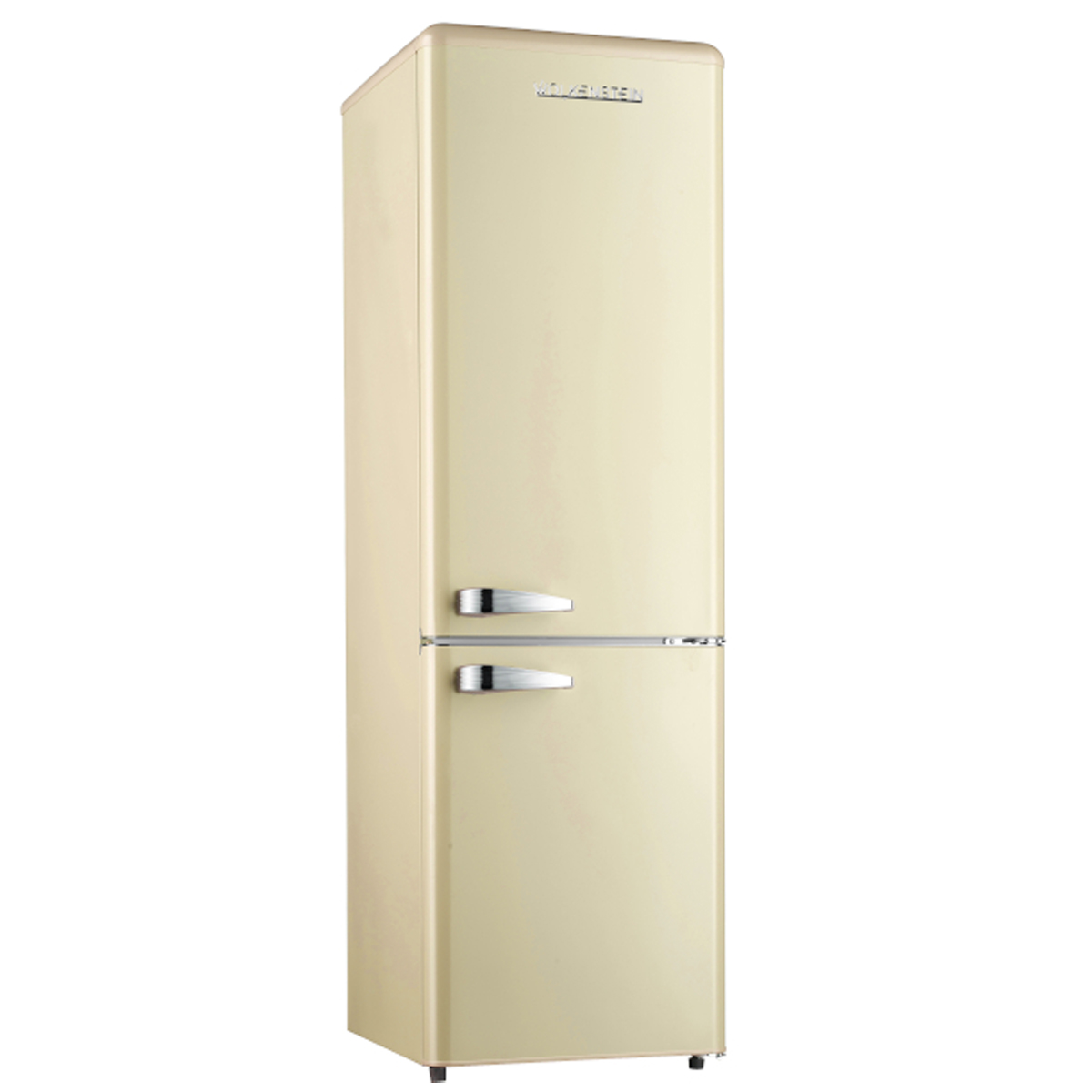 Beiger Kühlschrank, zwei Türen, silberne Griffe, weißer Hintergrund.