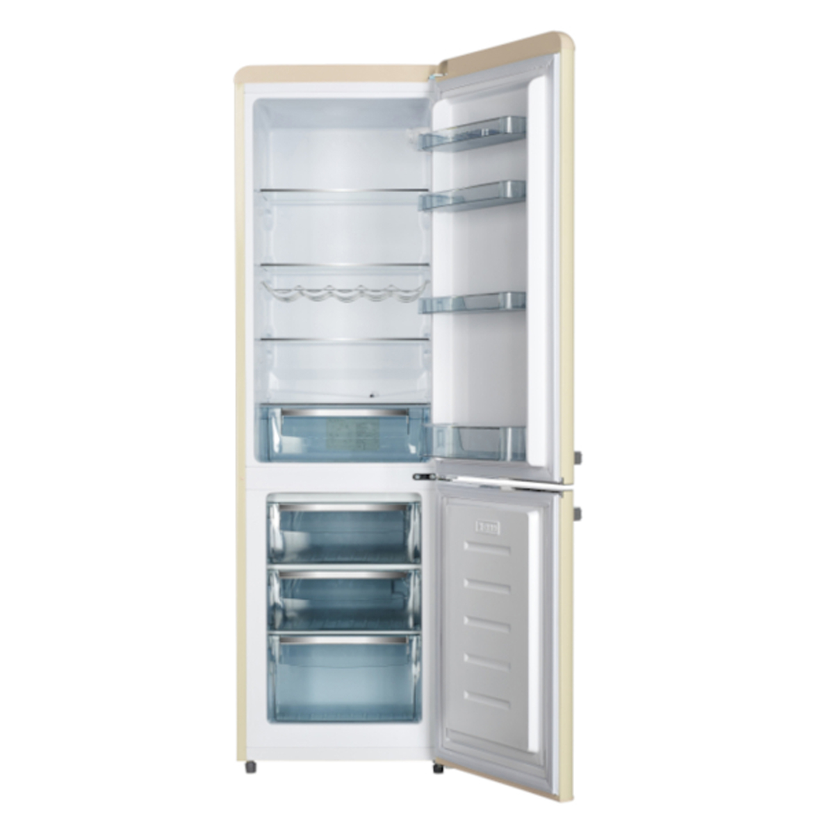 Beiger Kühlschrank mit offener Tür, der Regale und Schubladen zeigt.