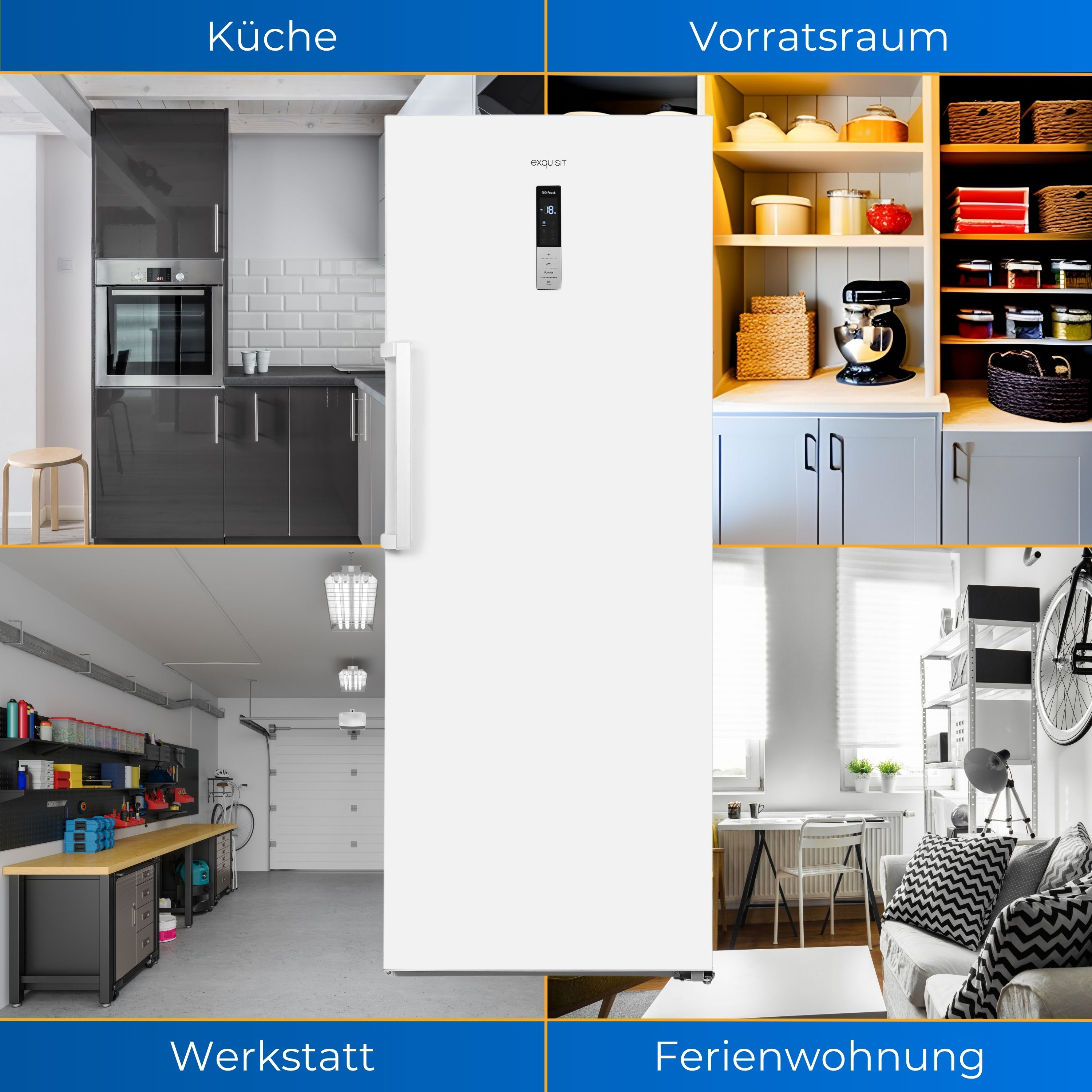 Vier Bilder: Küche, Speisekammer, Werkstatt und Wohnung. Ein Kühlschrank steht im Zentrum.