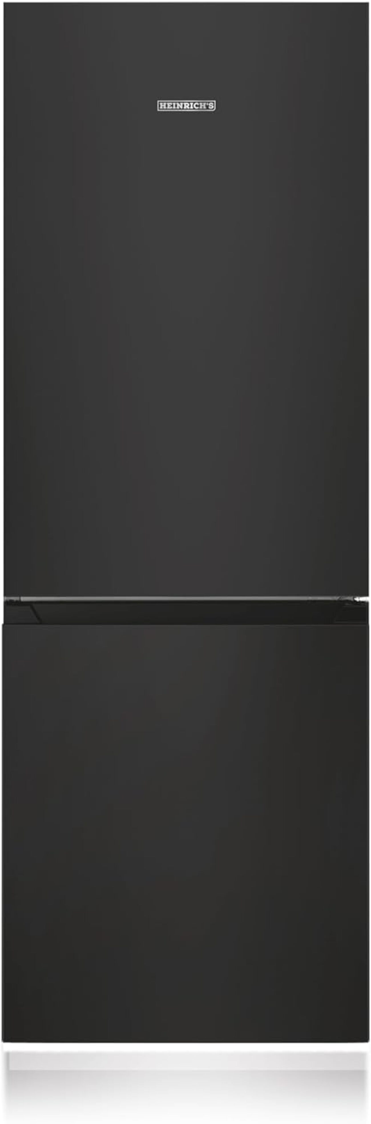 Schwarzer Kühlschrank mit zwei Türen. Minimalistisches Design, mit einem schlanken, modernen Look. Markenname oben.