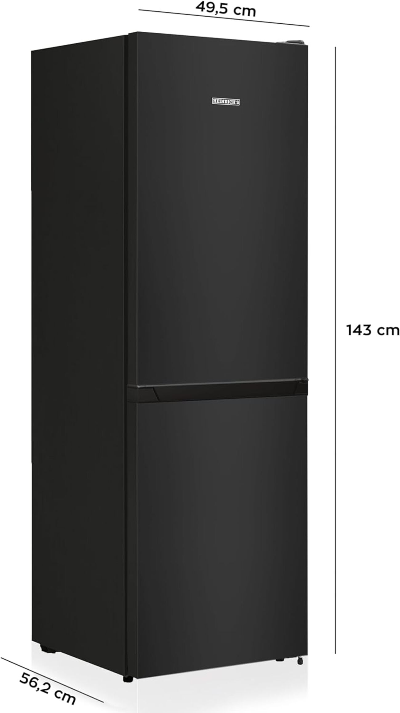 Ein schwarzer Kühlschrank mit den angegebenen Abmessungen: 49,5 cm breit, 143 cm hoch und 56,2 cm tief.