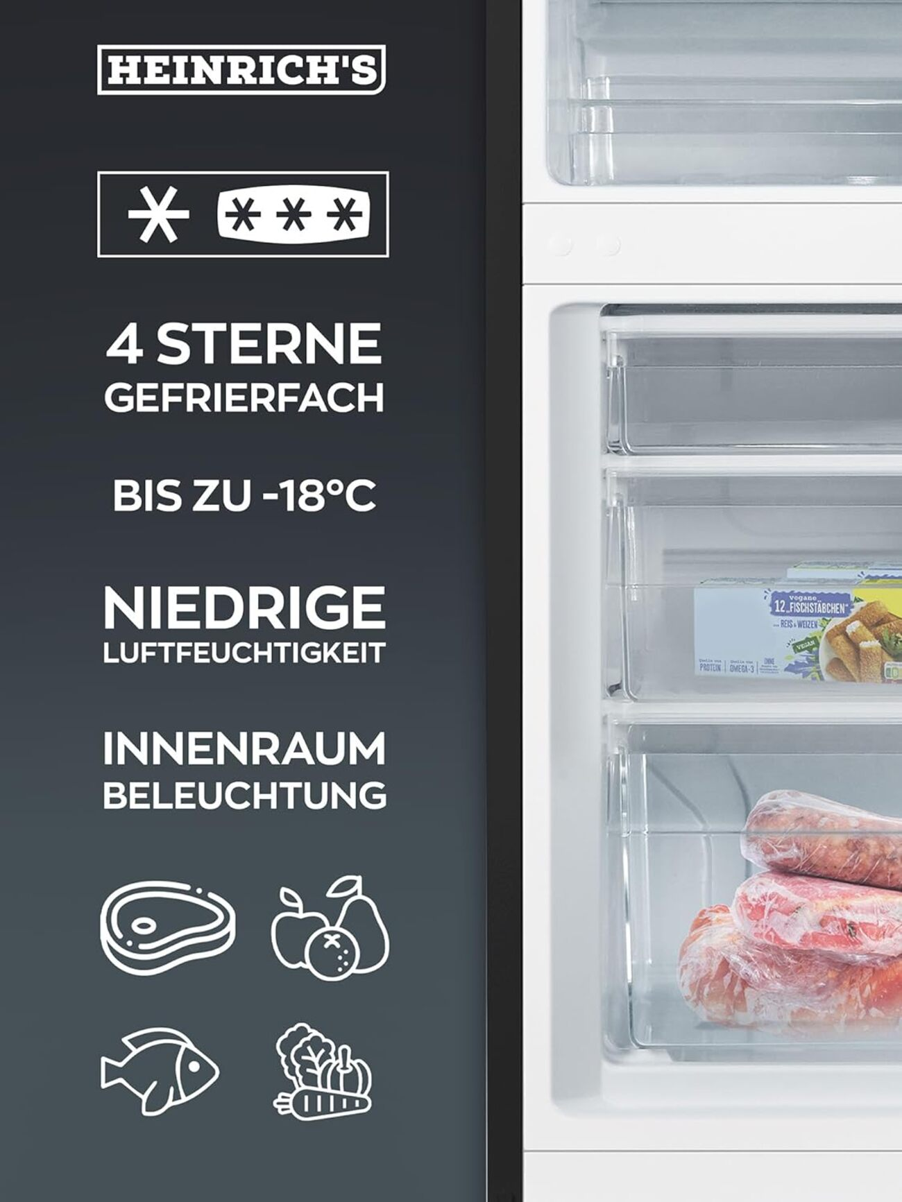 Nahaufnahme des Kühlschrankinneren mit beschrifteten Abschnitten und Lebensmitteln. Merkmale: 4-Sterne-Gefrierfach, -18°C, niedrige Luftfeuchtigkeit.