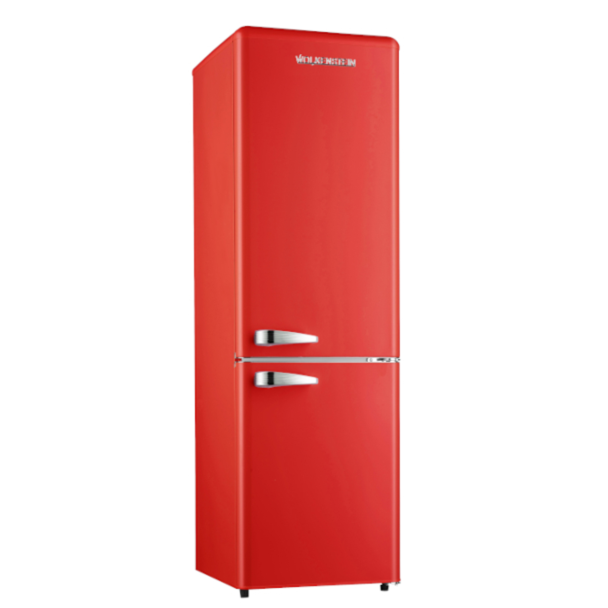 Ein hoher roter Kühlschrank mit zwei silbernen Griffen und einem oberen Panel mit weißem Text.
