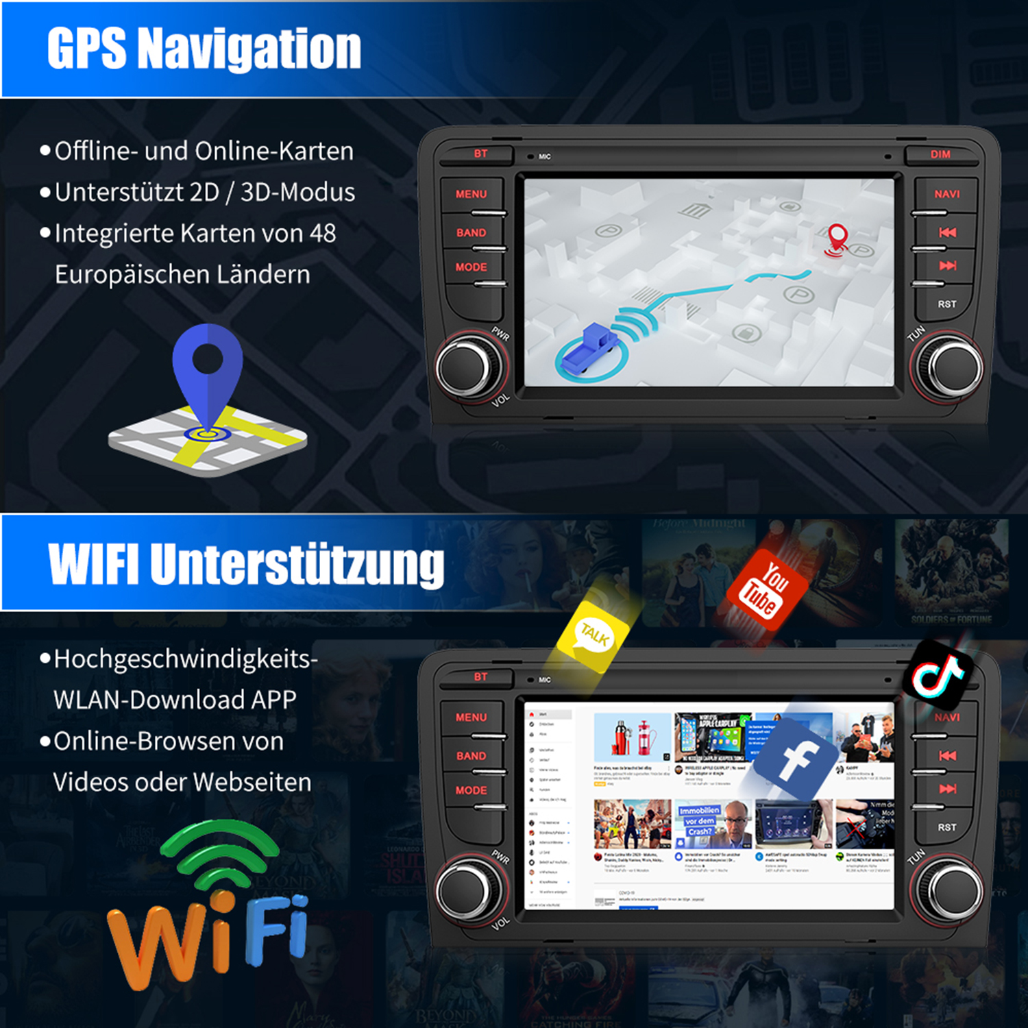 Auto-Multimedia-System mit GPS-Navigation und WLAN-Unterstützung. Zeigt Karten und Video-Apps.