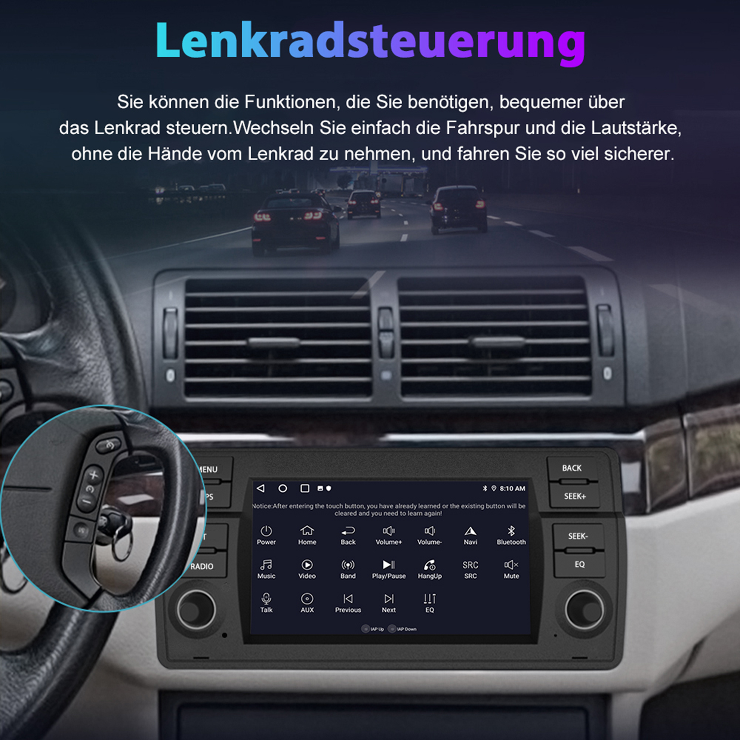 Aut Armaturenbrett mit Lenkradbedienung und einem Bildschirm mit Fahrzeuginformationen.