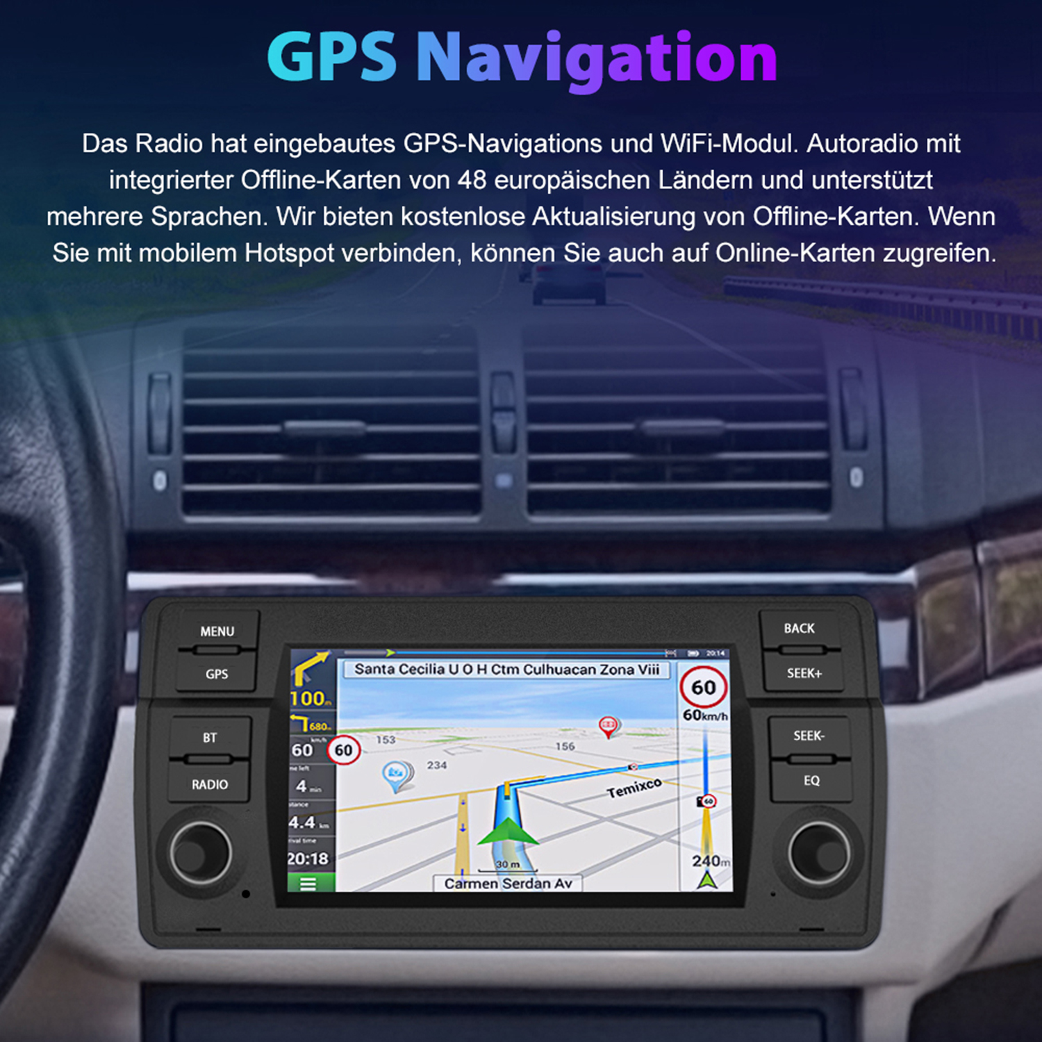 Autoradio mit GPS-Navigationsbildschirm. Der Innenraum des Autos ist im Hintergrund.