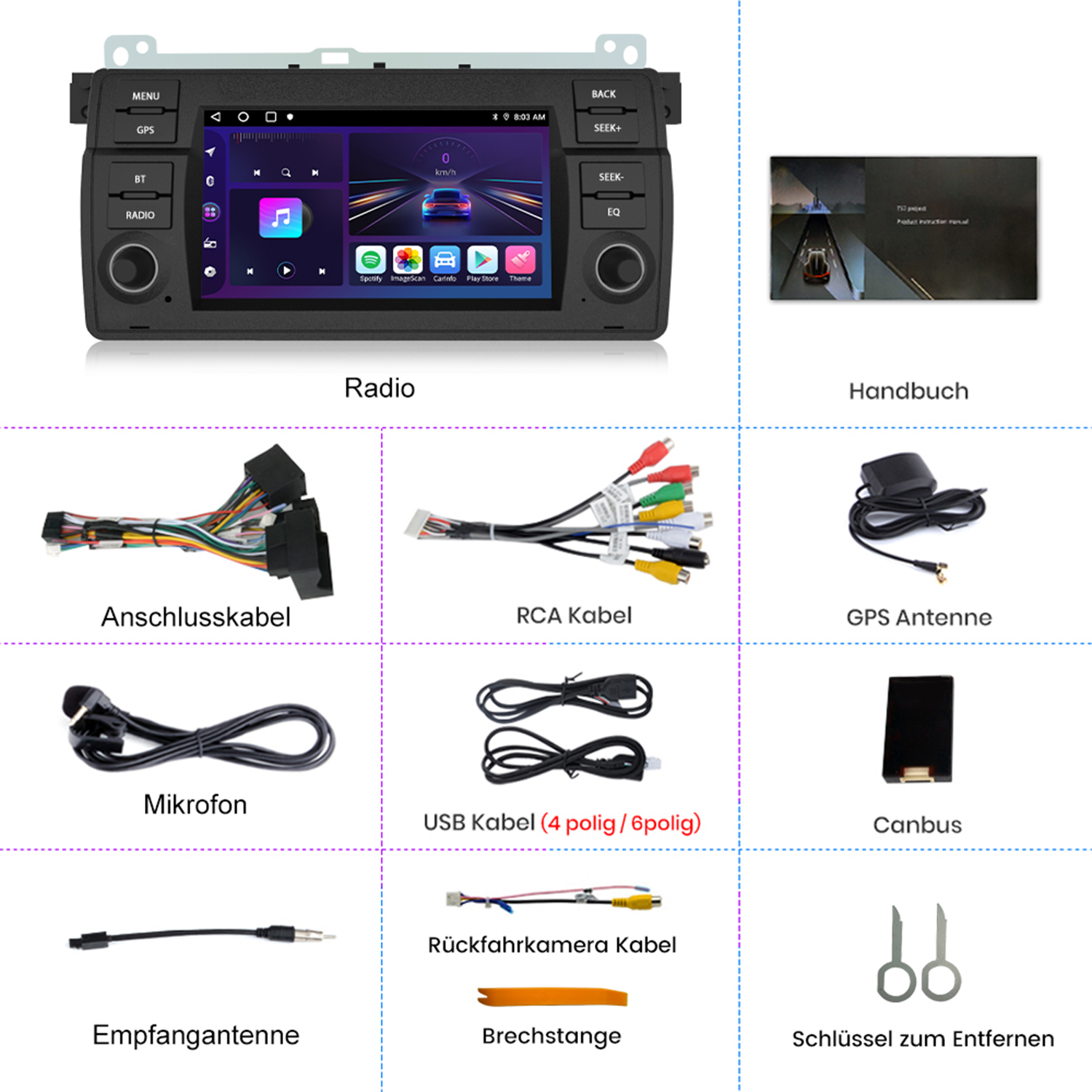 Eine Sammlung von Autoradio-Komponenten, darunter ein Radiogerät, Kabel, ein Mikrofon und eine Antenne.