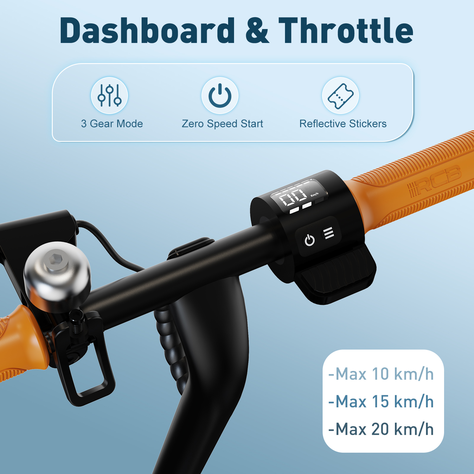 Dashboard zeigt Gänge, Nullstart und reflektierende Aufkleber. Griff hat orangefarbene Griffe.