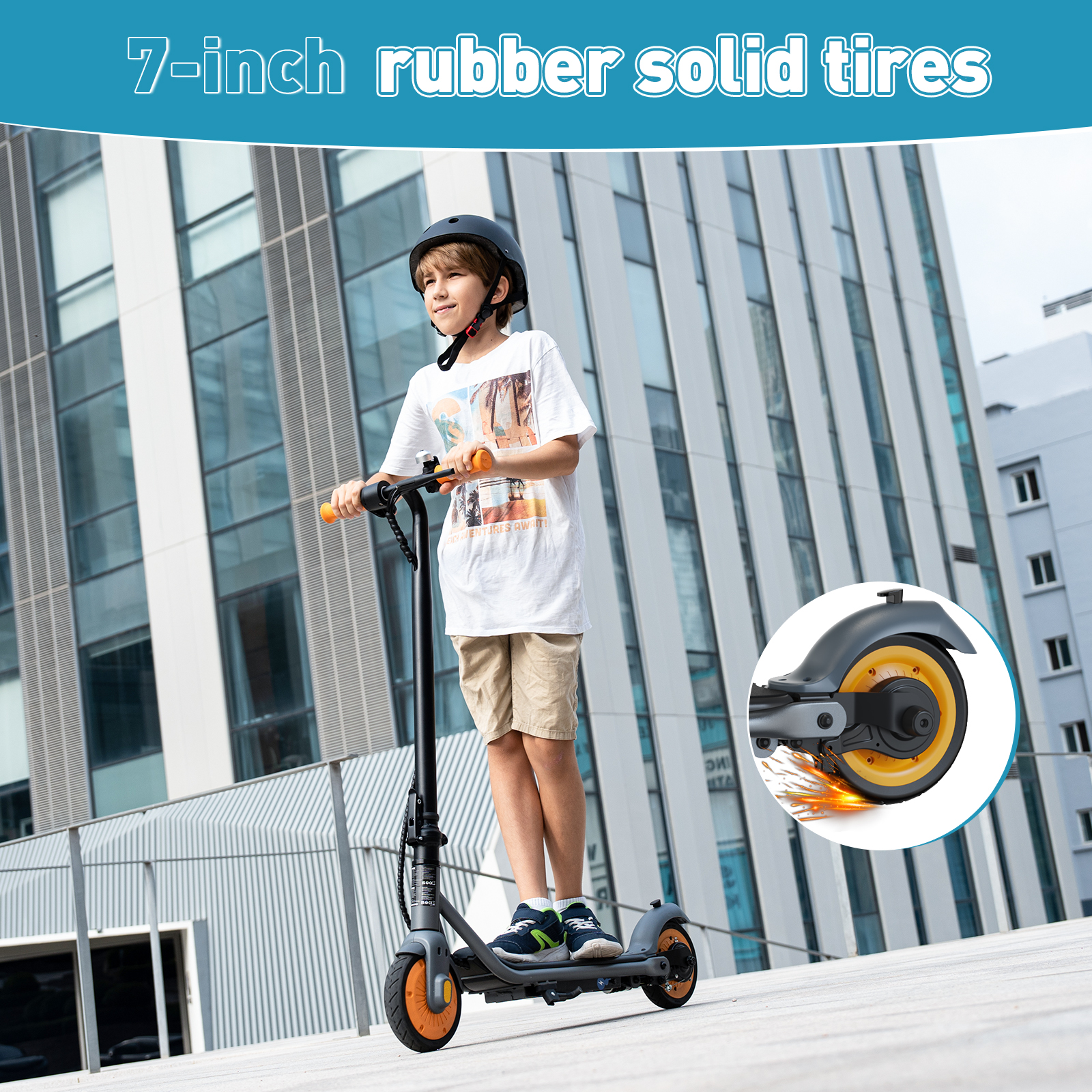 Ein Junge auf einem Roller mit dem Text '7-Zoll-Gummi-Vollreifen'.