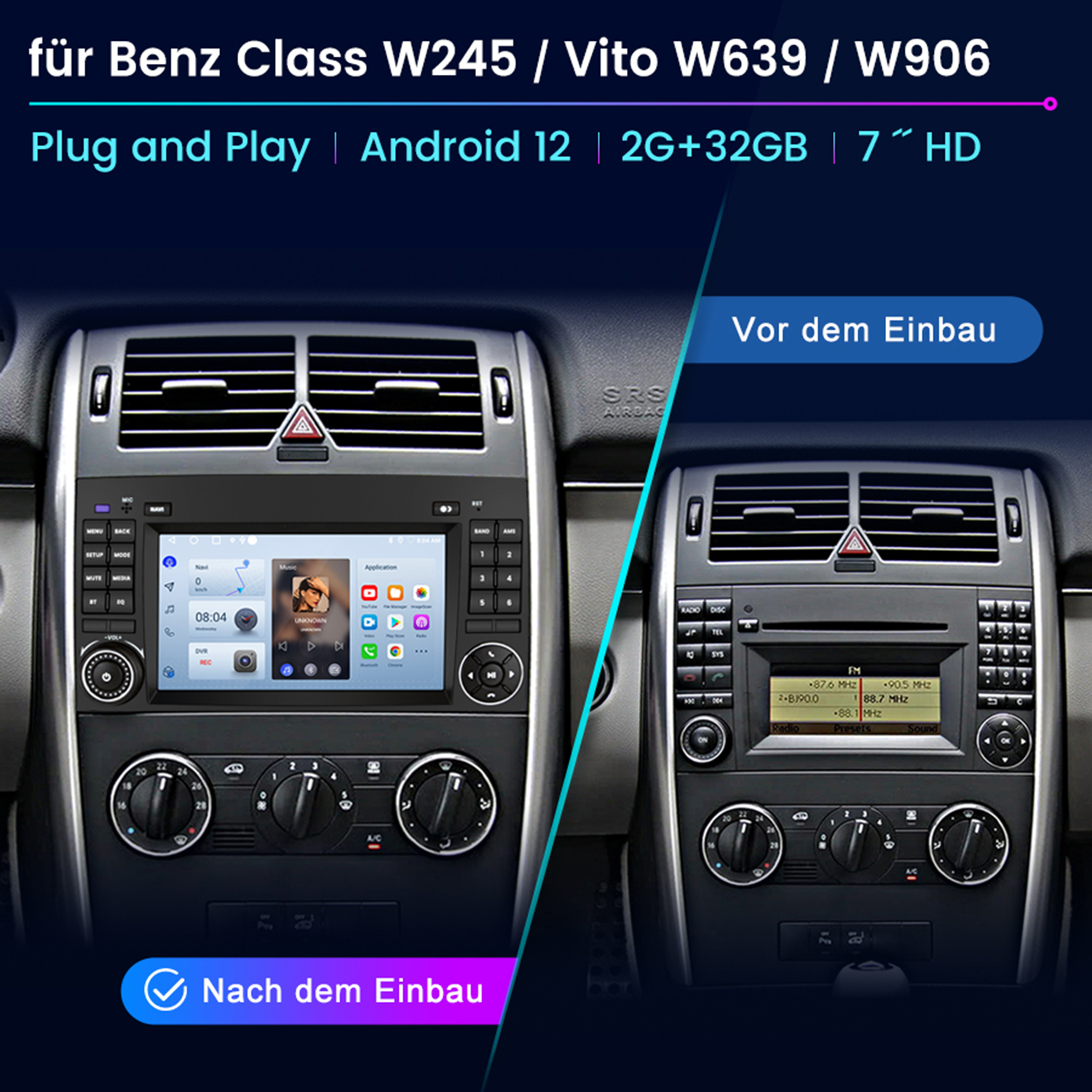 Ein Autoradio vor und nach dem Einbau. Das Vorher-Bild zeigt ein einfaches Radio, das Nachher-Bild einen modernen Bildschirm.