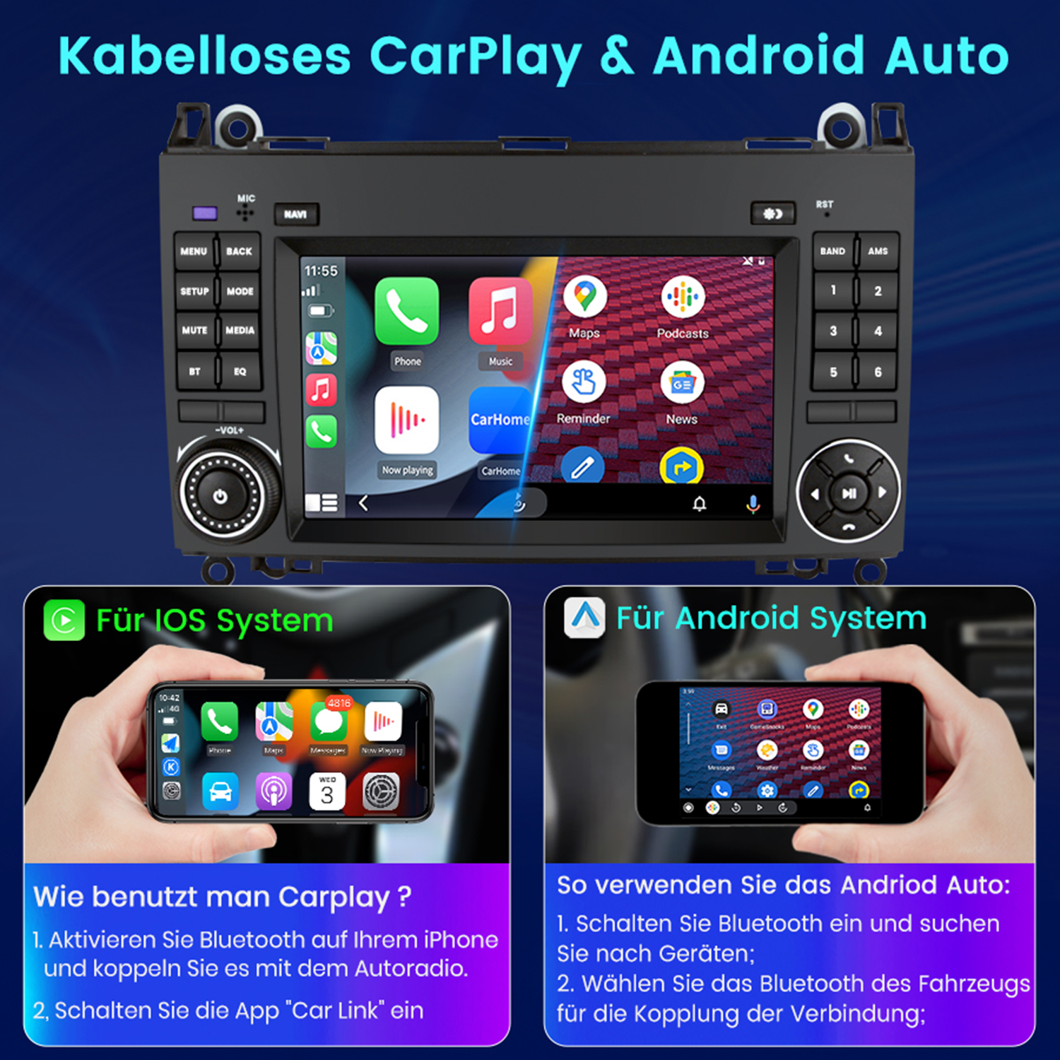 Carplay- und Android Auto-Bildschirme auf Telefonen. Gebrauchsanweisungen. Weißer Hintergrund.