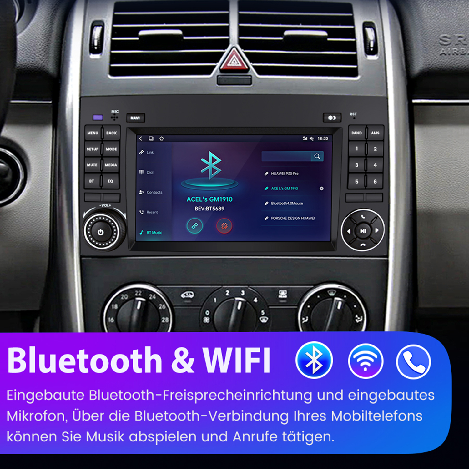 Autoradio-Systemoberfläche mit Display und Tasten, blau, für Bluetooth und WLAN.