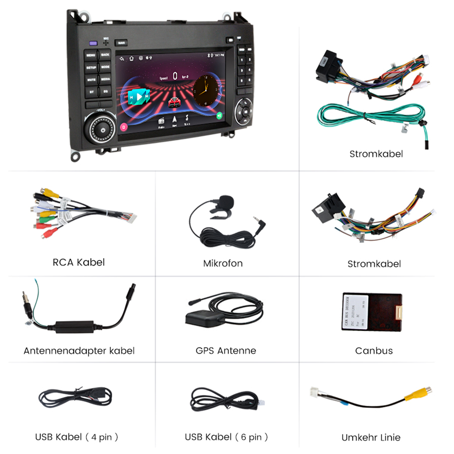 Autoradio mit verschiedenen Kabeln und Komponenten, einschließlich GPS-Antenne und USB-Kabeln.