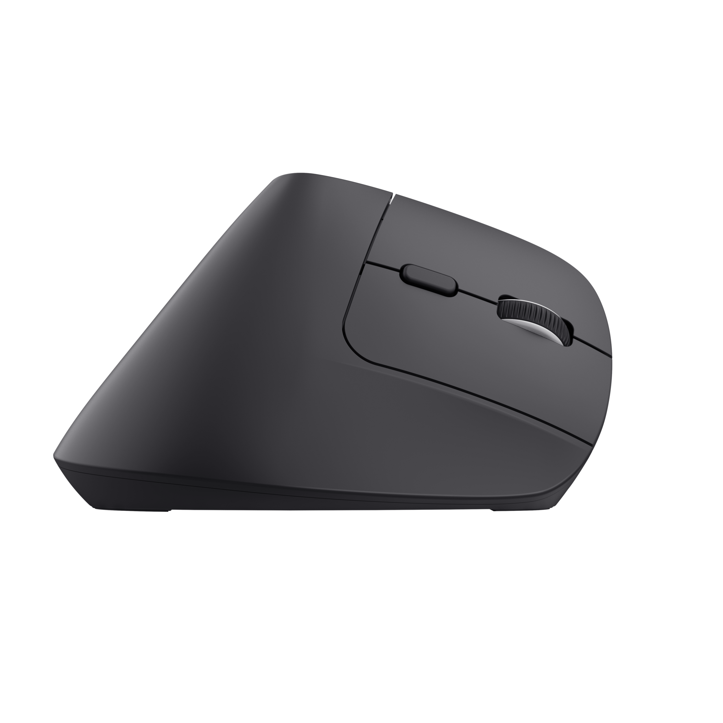 Ciemnoszara mysz ergonomiczna na czarnym tle. Ma pochyloną konstrukcję dla wygodnego użytkowania.