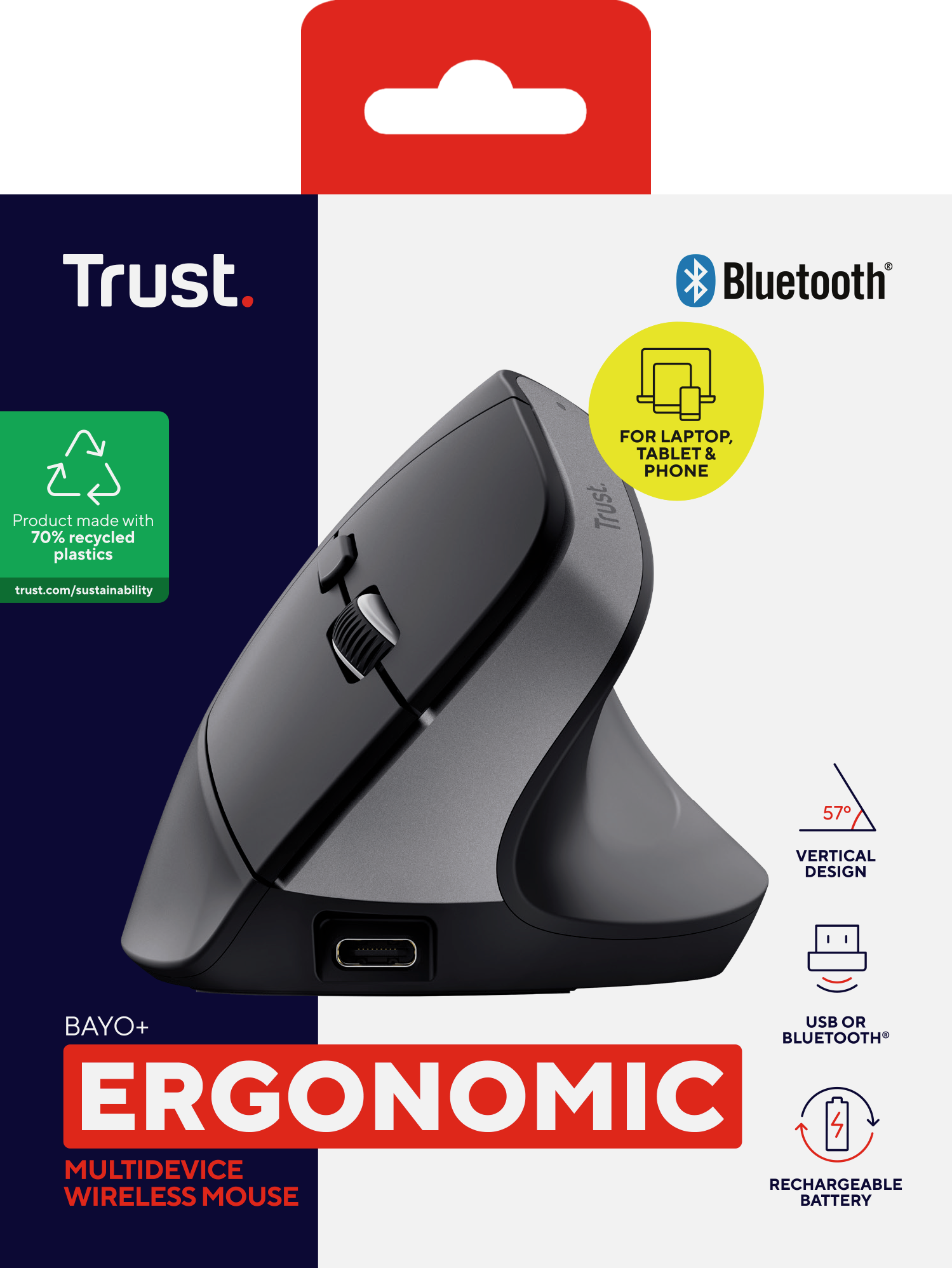 Ergonomiczna mysz bezprzewodowa w kolorze czarnym, o pionowej konstrukcji i szczegółach marki.