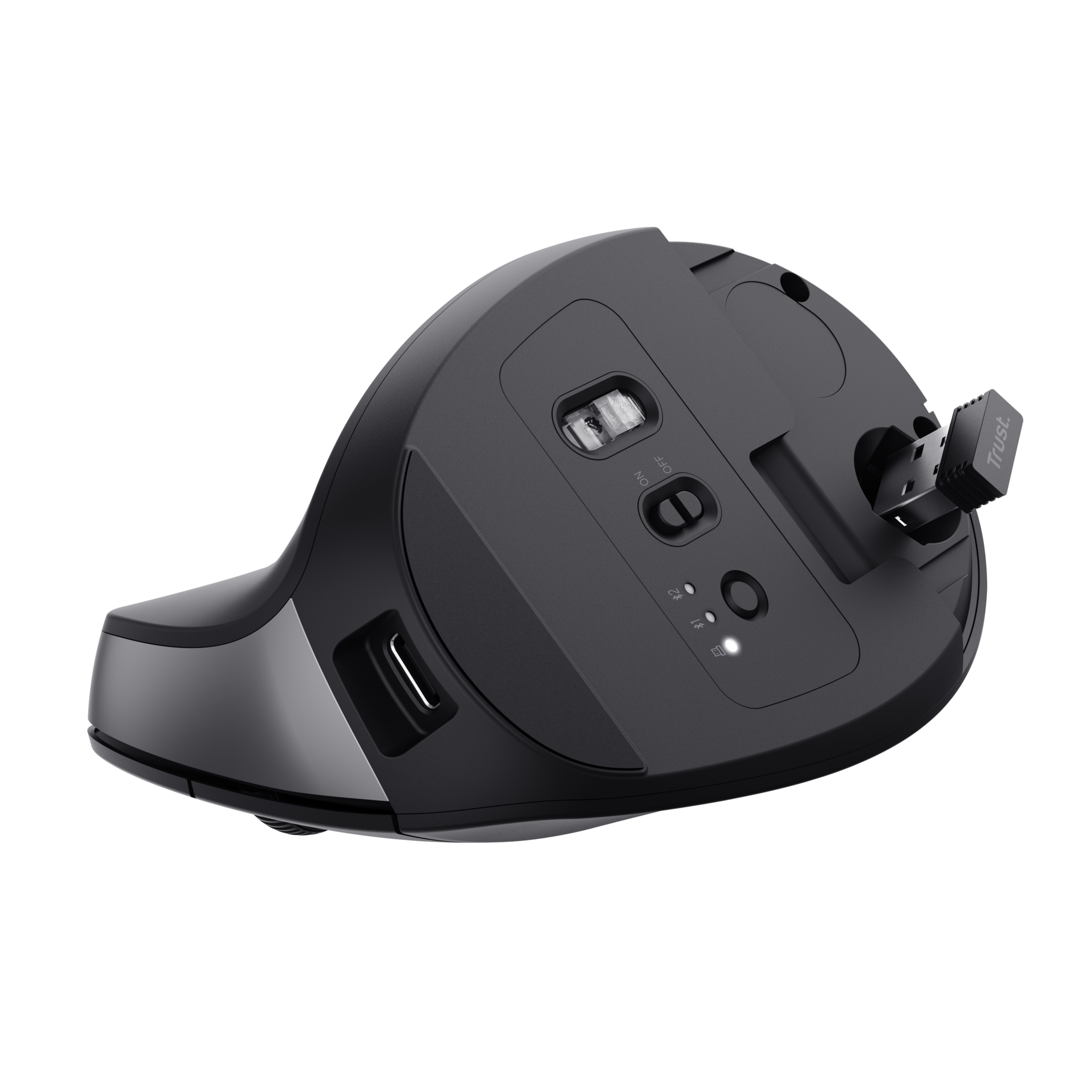 Czarna ergonomiczna mysz, widok od dołu. Włożony odbiornik USB.