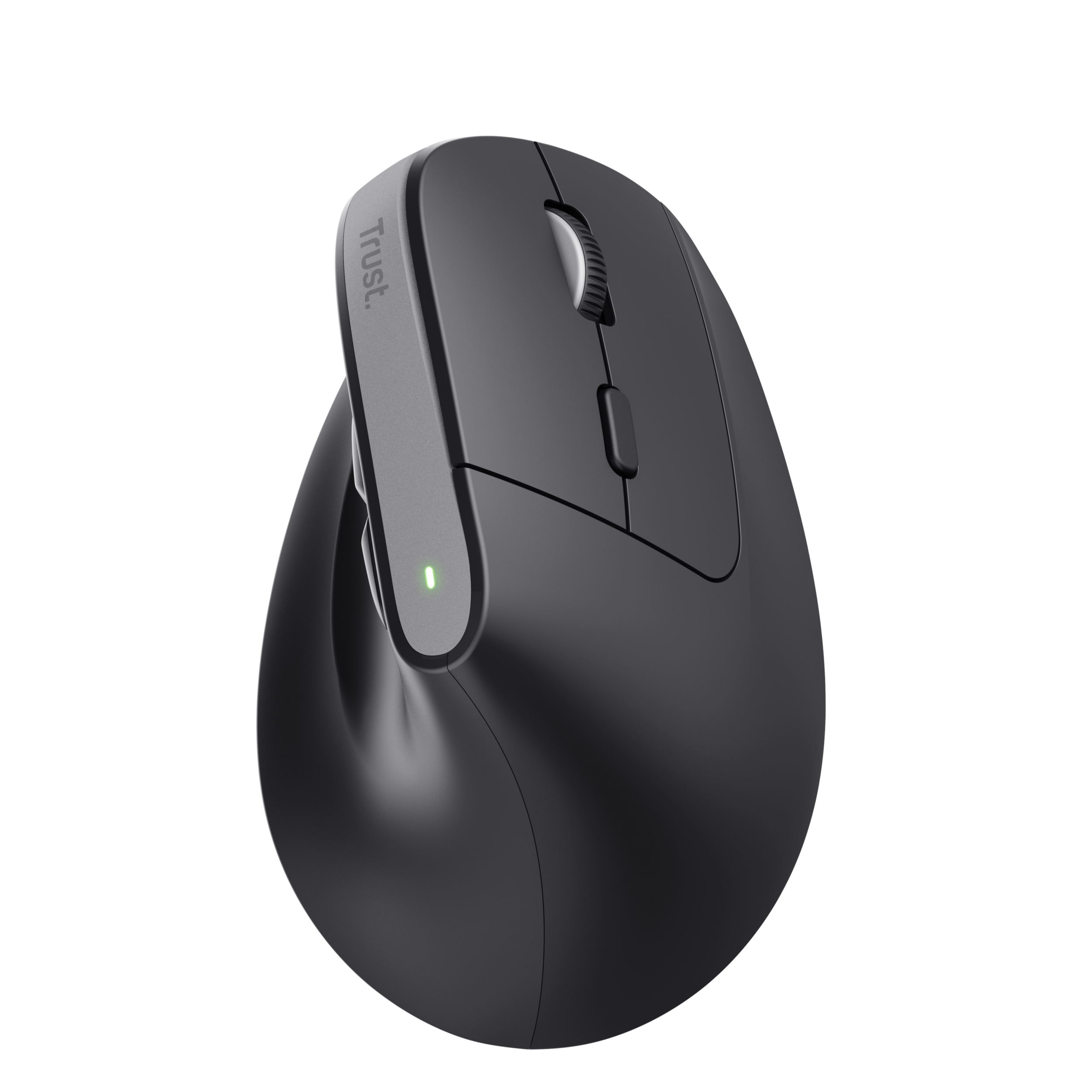 Czarna ergonomiczna mysz z logo Trust. Posiada kółko przewijania i przyciski. Tło jest czarne.