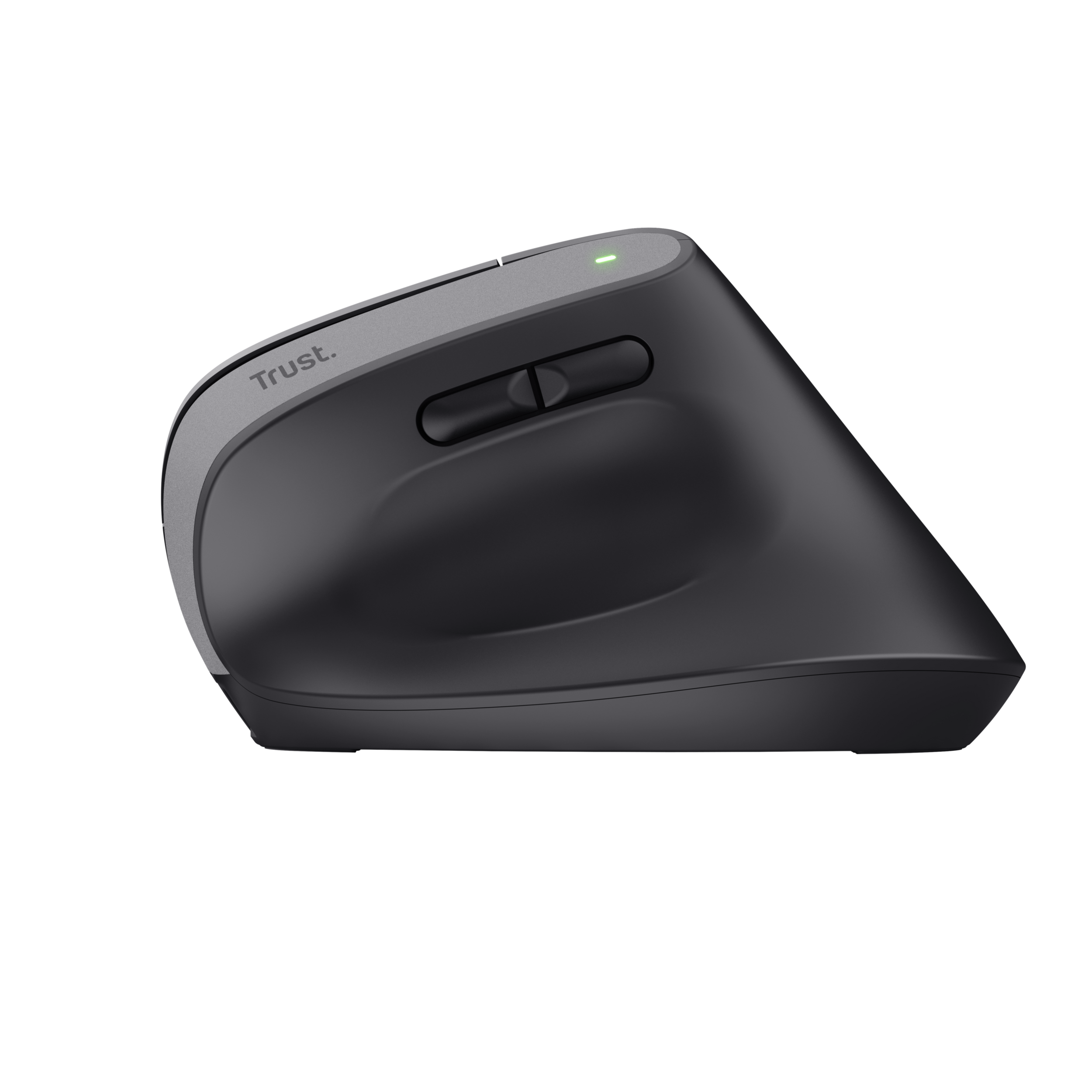 Czarna, pionowa mysz ergonomiczna z przyciskami i kółkiem przewijania. Czarne tło.