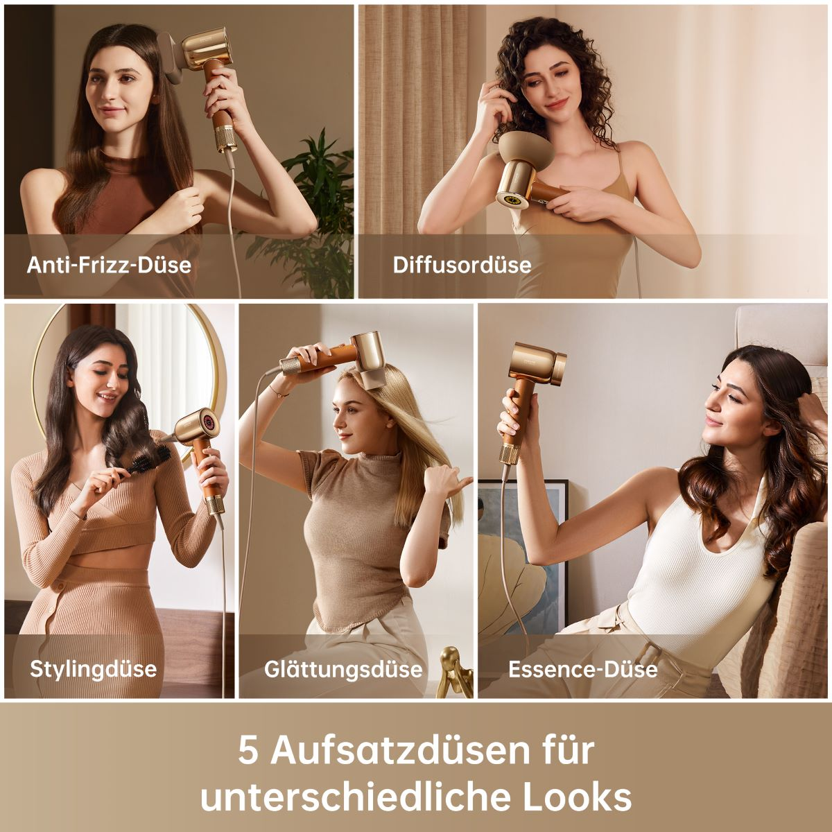 Cinco imágenes de mujeres usando diferentes accesorios de secador de pelo.