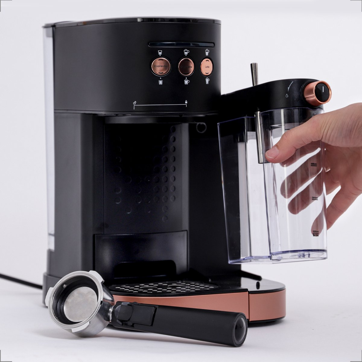 A black and copper espresso machine with a portafilter and water container.