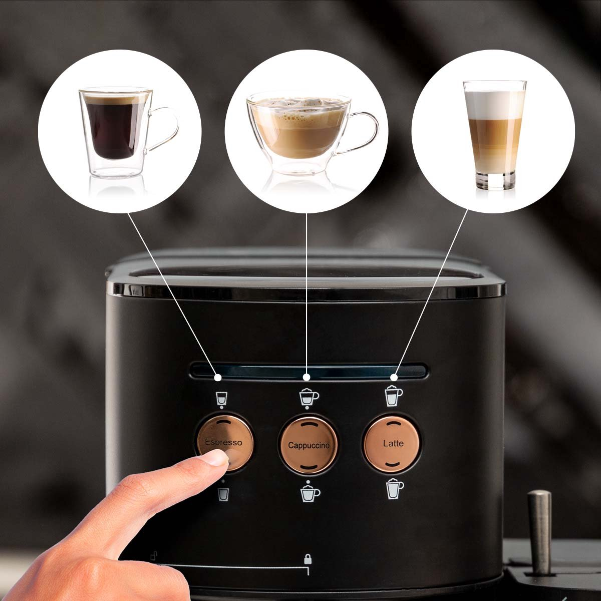 Espresso machine buttons with three coffee options: Espresso, Cappuccino, and Latte.