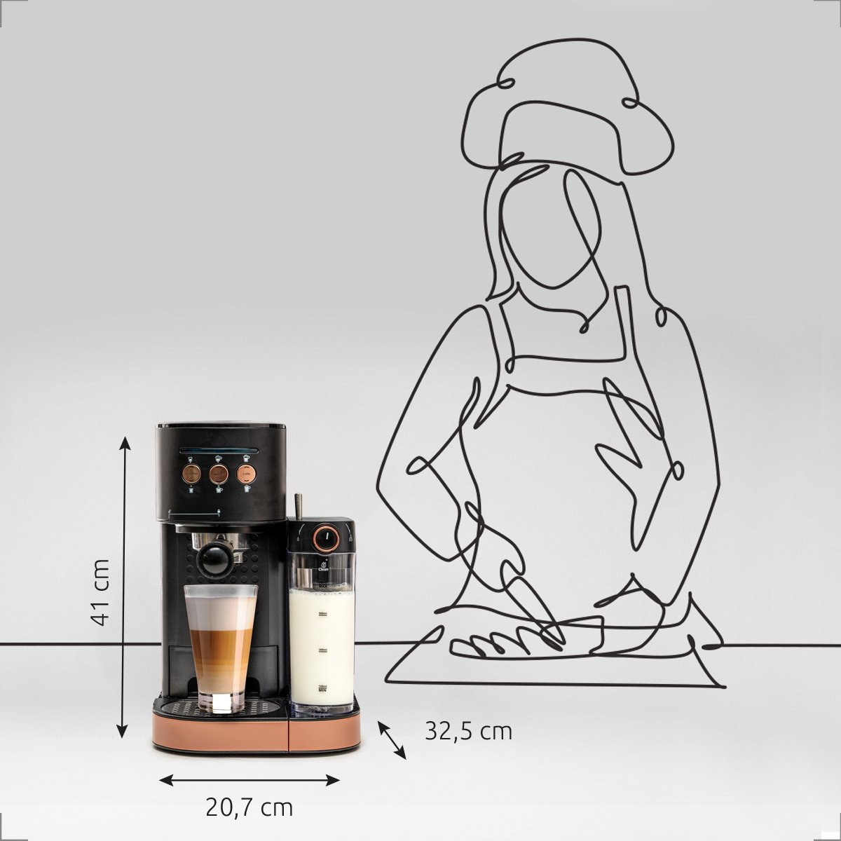 Coffee machine with a milk frother, glass of coffee, and a chef outline on a white surface.