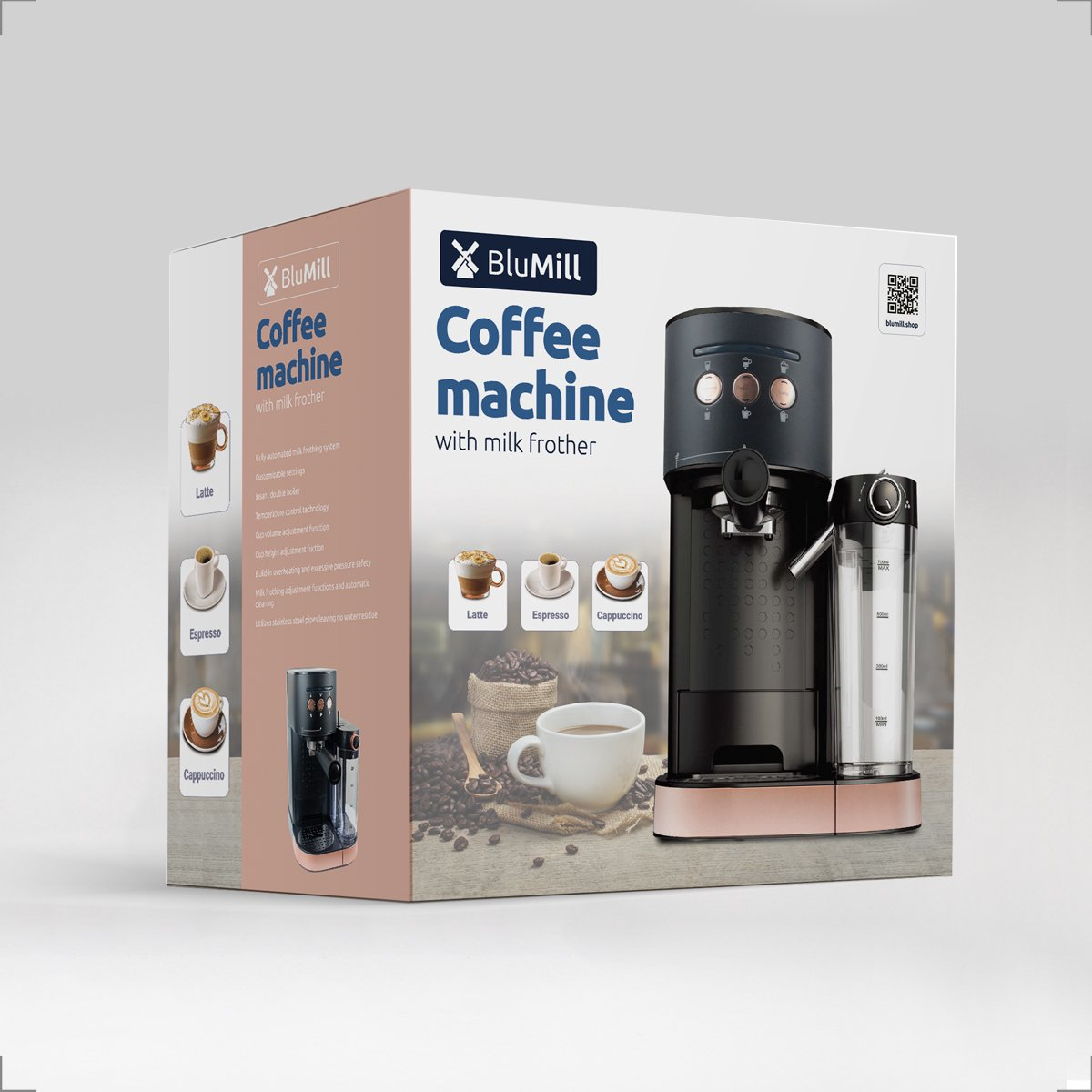 Coffee machine box with images of coffee drinks and the machine. Black and rose gold design, milk frother.