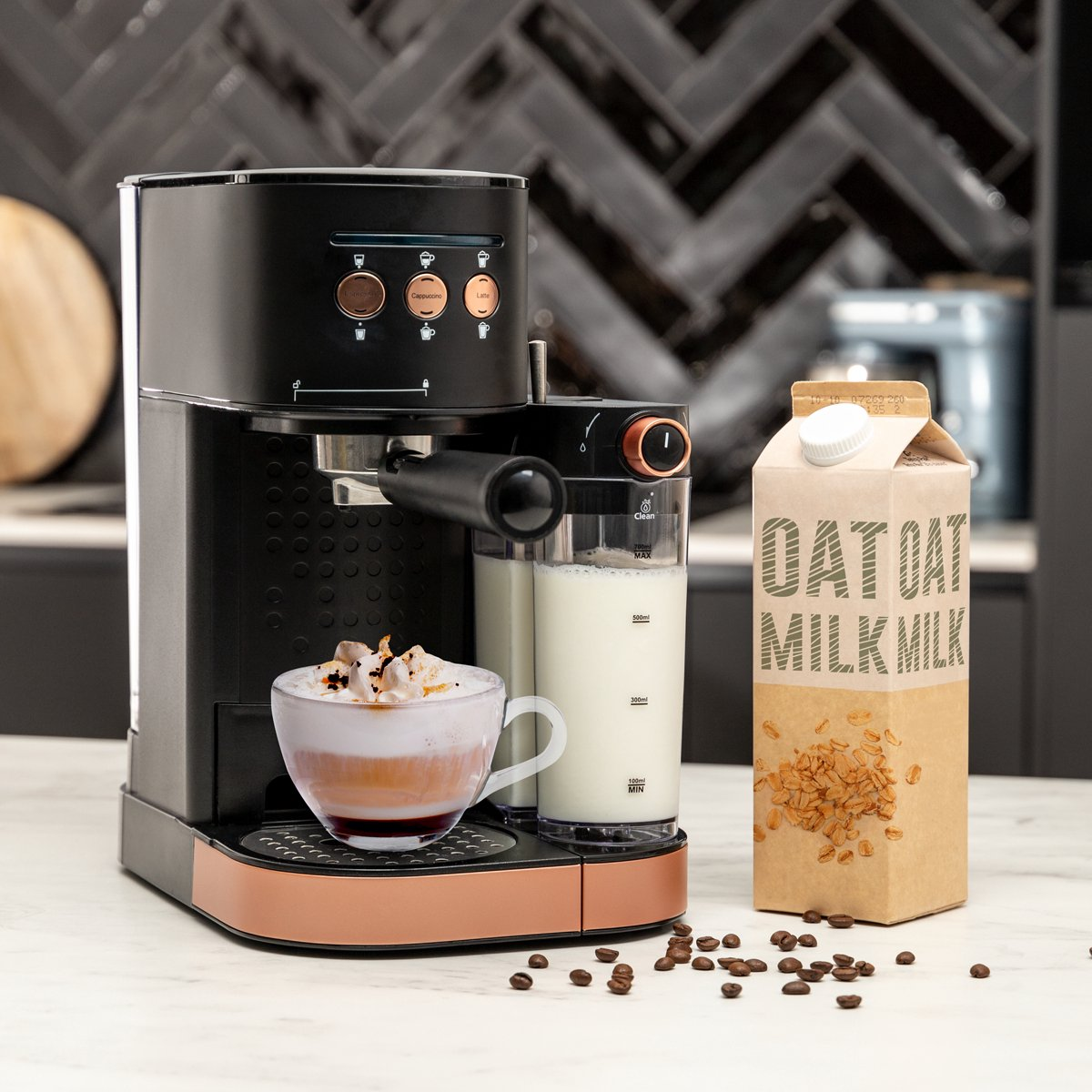 Coffee machine with espresso, milk, oat milk carton and coffee beans.