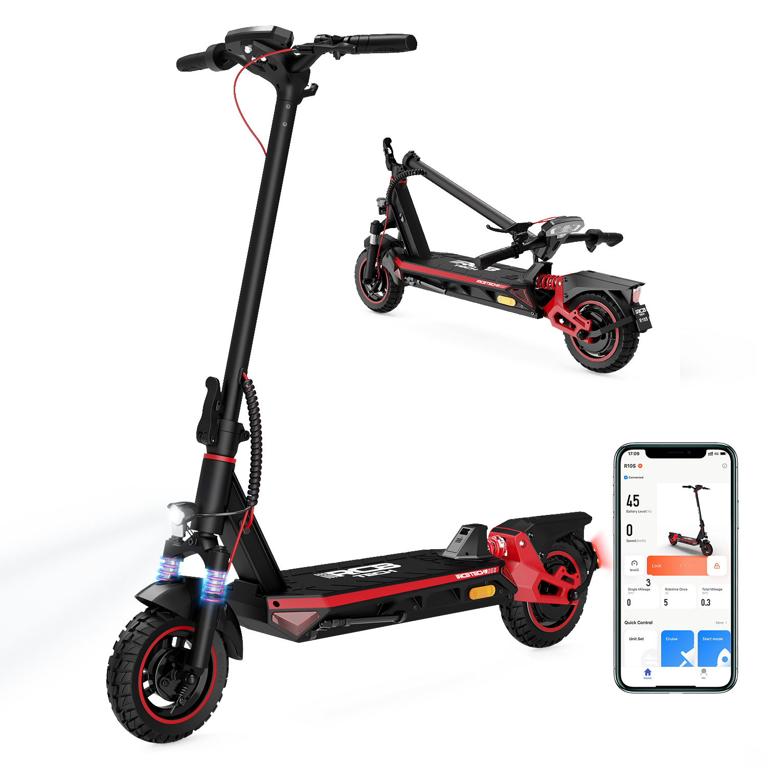 Ein schwarz-roter Elektroroller. Er steht auf weißem Grund mit dem zusammengeklappten Roller und einem Telefon.