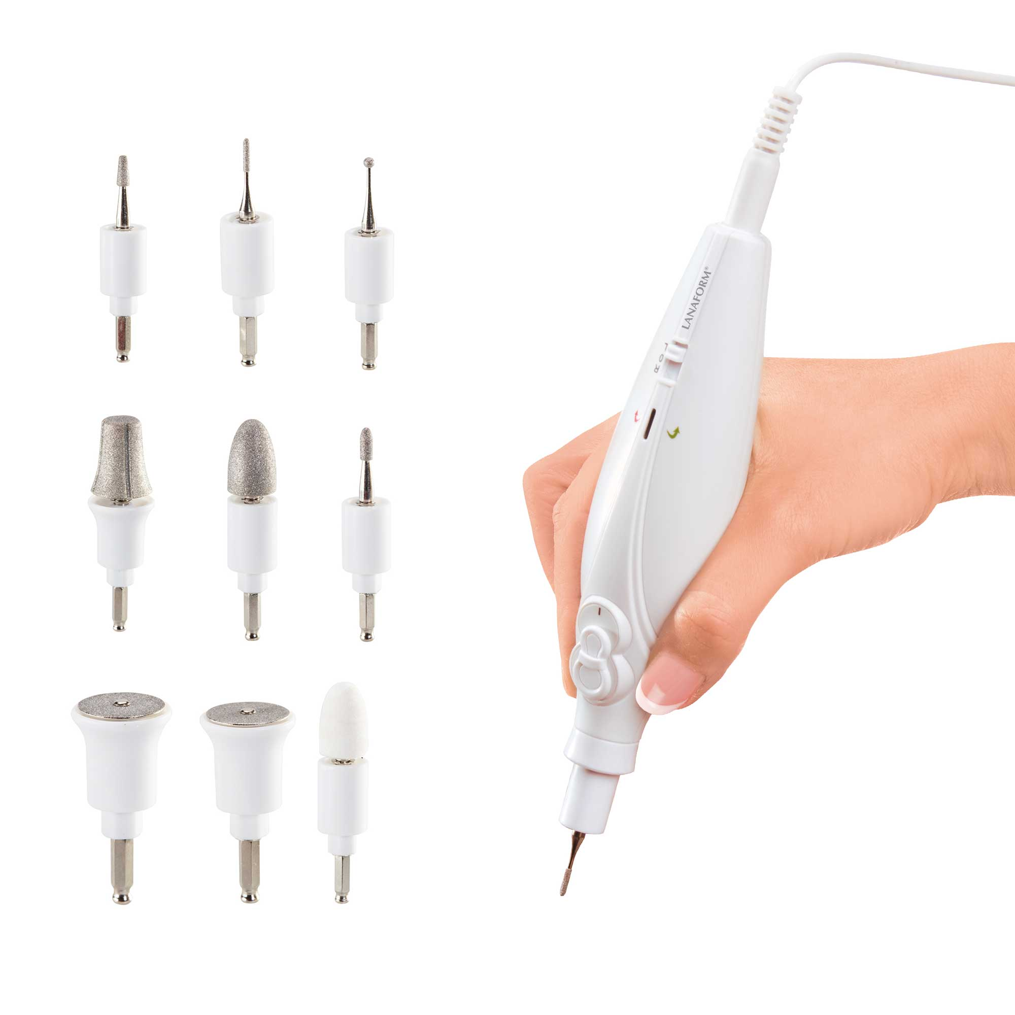 A white nail care tool with different attachments and a hand holding it. It is a manicure tool.