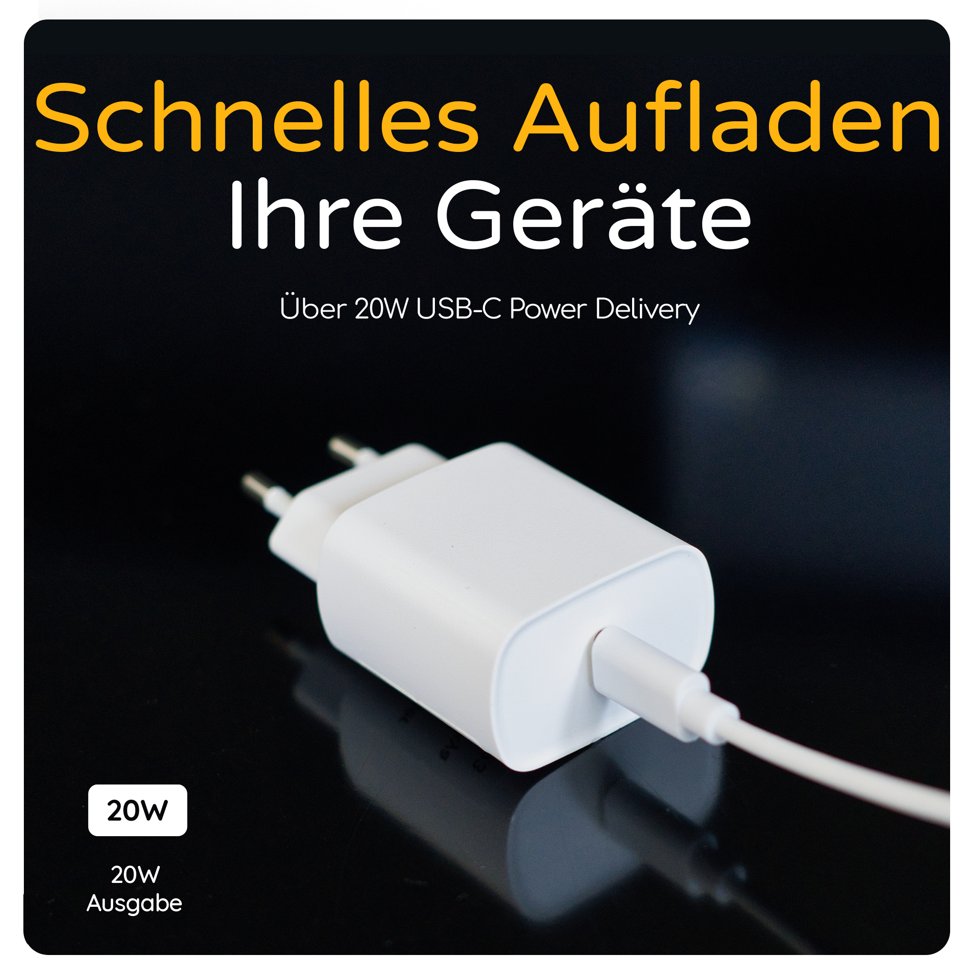 Weißes Telefonladegerät mit USB-C-Kabel, beschriftet mit '20W'. Schwarze Oberfläche mit Text: 'Schnelles Aufladen'.