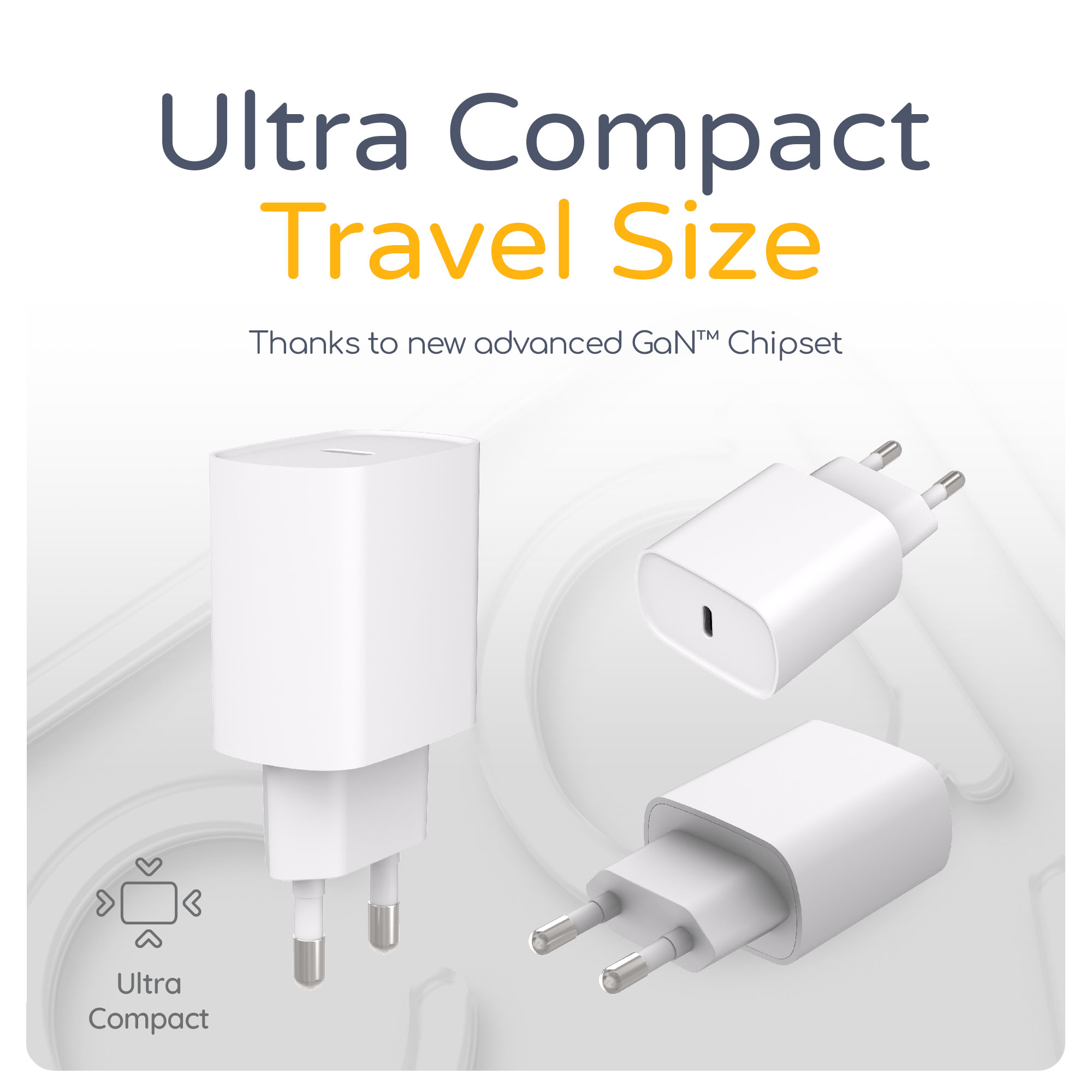Drei weiße Ladegeräte. Text: 'Ultra Compact Travel Size'. Weißer Hintergrund.