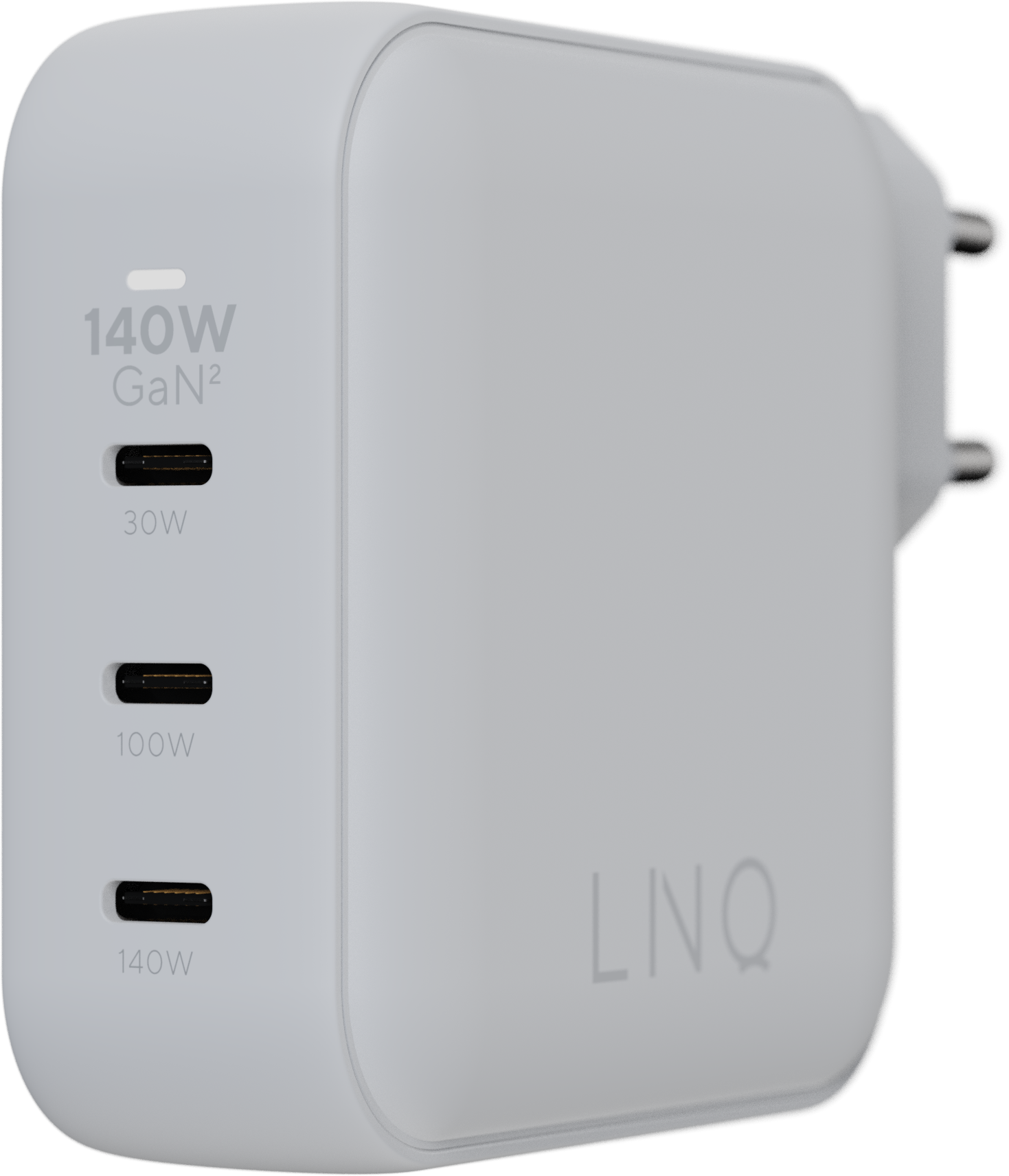 Ein graues Ladegerät mit 3 USB-C-Anschlüssen und einem Stecker. Es hat 140W GaN2-, 30W-, 100W- und 140W-Markierungen.
