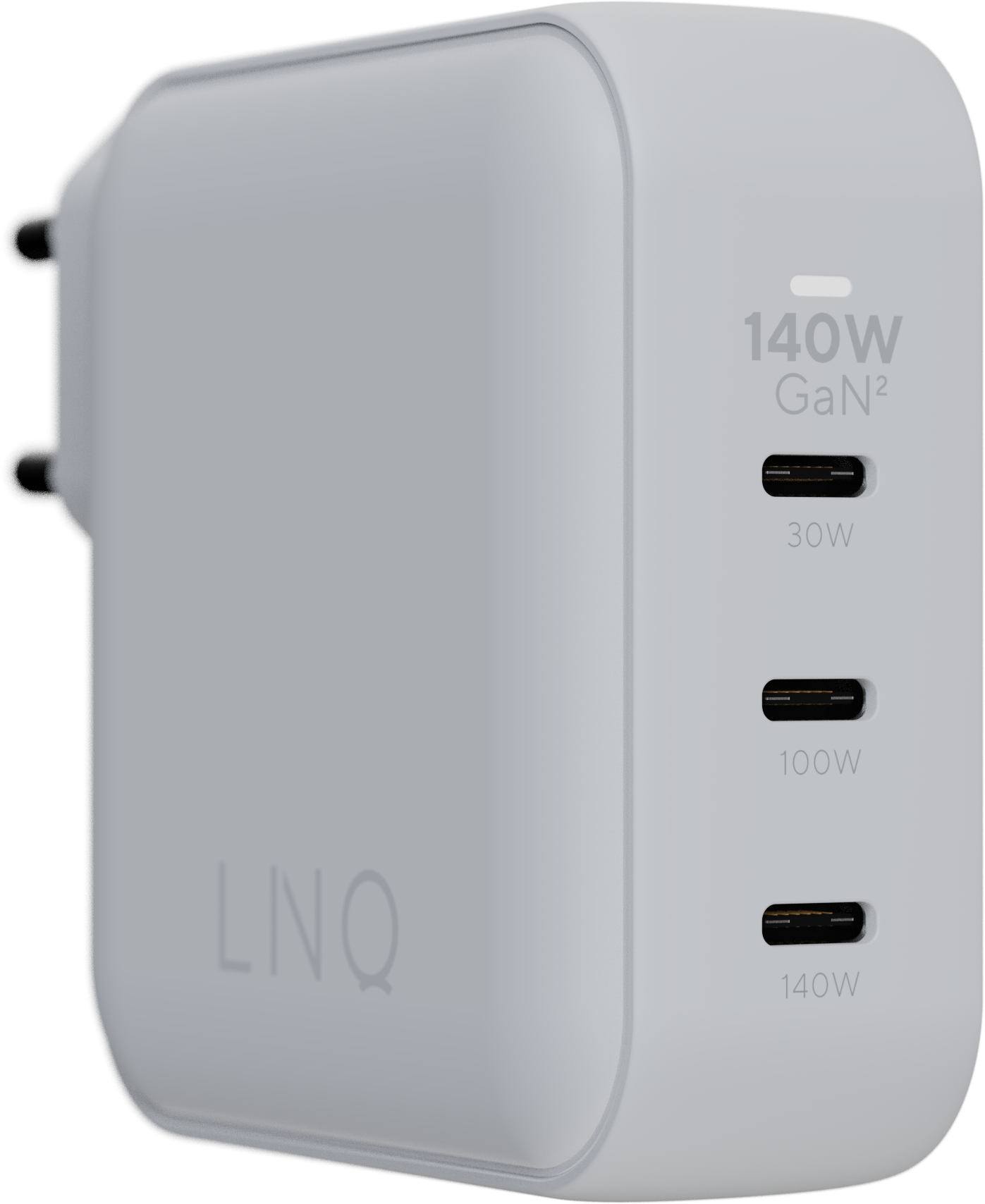 Grauer Netzadapter mit mehreren USB-Anschlüssen, beschriftet mit 30W, 100W und 140W.