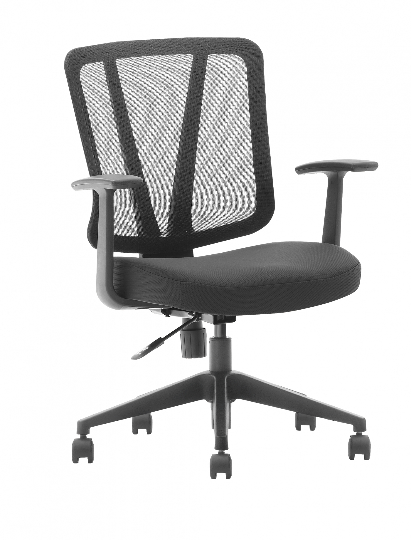 A black office chair with a mesh back, armrests, and wheels on a white background.