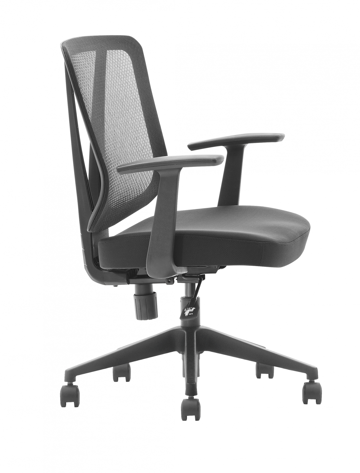 An office chair with a black mesh back and black armrests. It has a black base and wheels.